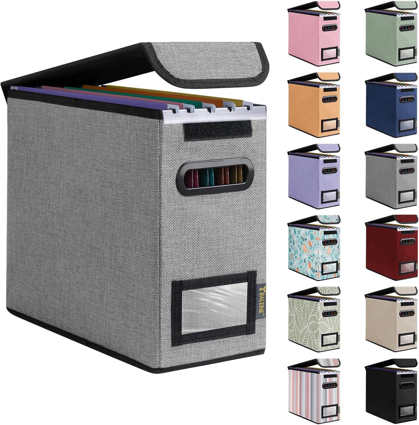 BALEINE File Organizer Box with Lid, Collapsible File Folder Organizer with Plastic Slide, Hanging File Folder Box for Office Document Storage (1 Pack, Grey, S)