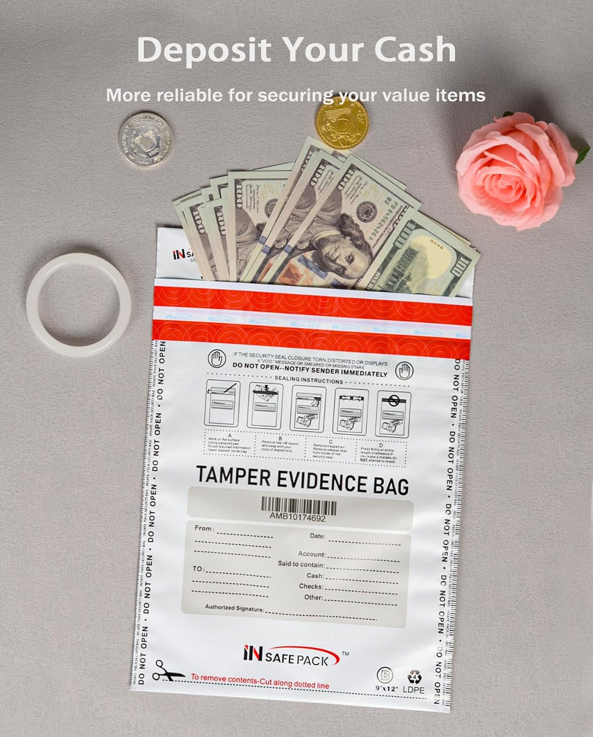 INSAFEPACK 100PCS 9"x12" Business Bank Deposit Bags - High Level Security Tamper Evident Bag - Self Adhesion Plastic Security Deposit Bag