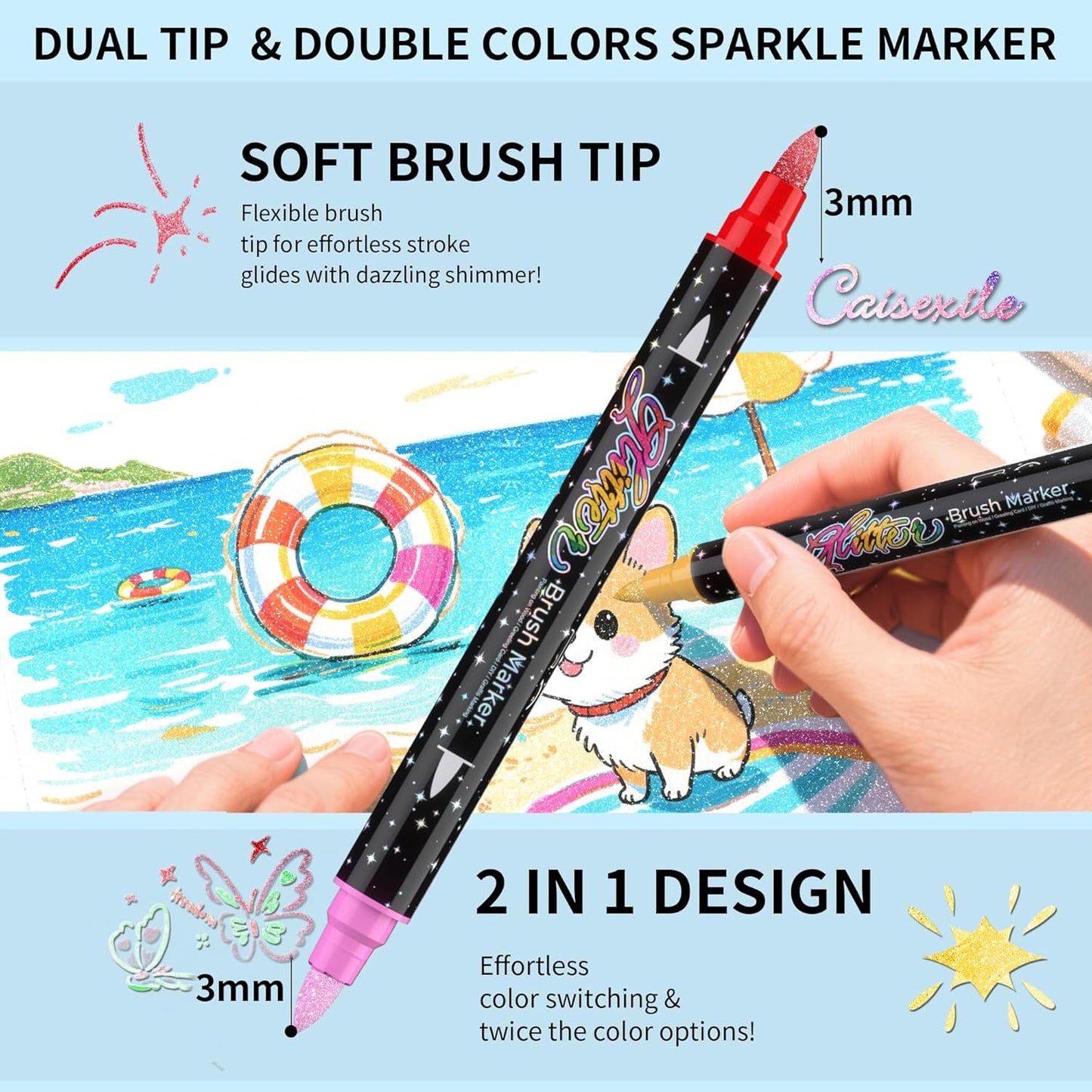 48 Colors Dual-tip Watercolor Markers, 24 Pack Glitter Brush Markers, Water-based Ink Sparkle Pen,Glitter Paint Pens for Adults Coloring,DIY Crafts,Doodle Writing,Art Crafts Gifts