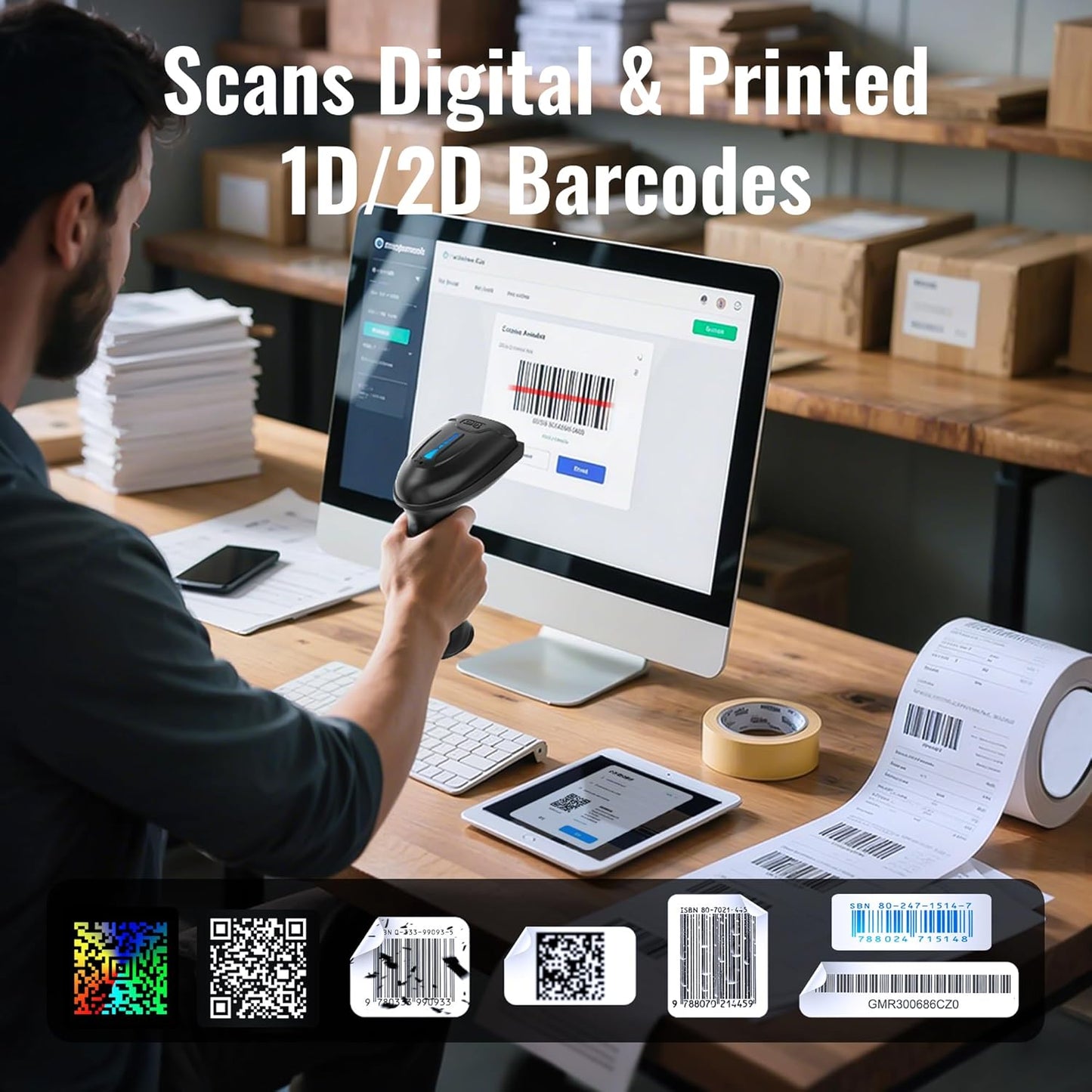 Tera 1D 2D QR Barcode Scanner Wireless and Wired with Battery Level Indicator Digital Printed Bar Code Reader Cordless Handheld Barcode Scanner Compact Plug and Play Model D5100