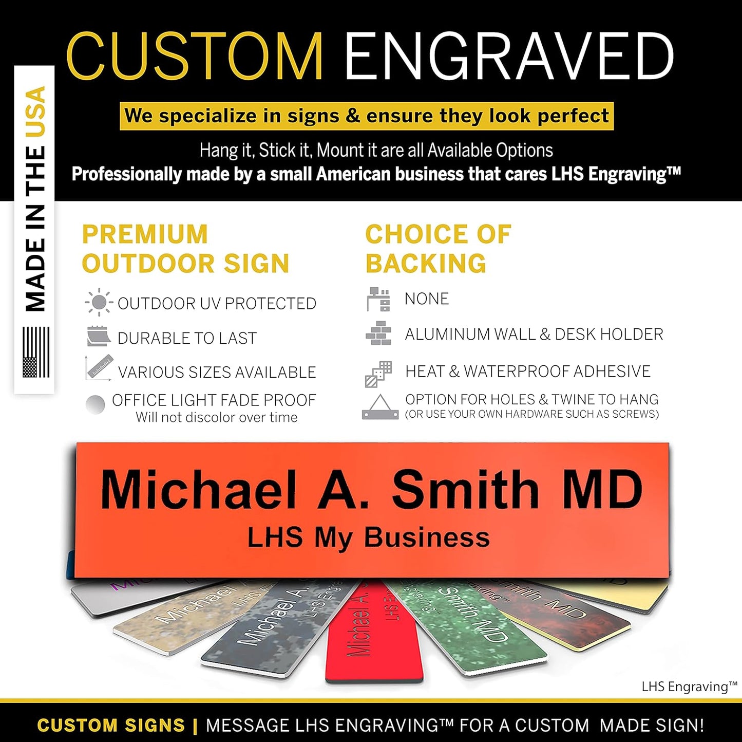 Engraved Door Signs for Office Personalized Orange Plastic Door Plaque Black Letters - Made in USA 2x6 B11