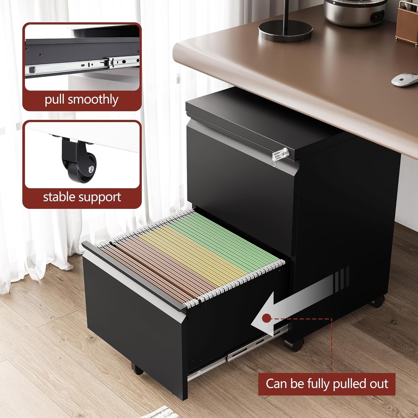 2 Drawer File Cabinet，Mobile Filing Cabinet with Lock and Wheels，Un-Assembled Metal Under Desk File Cabinets for A4/Letter/Legal Size（Black