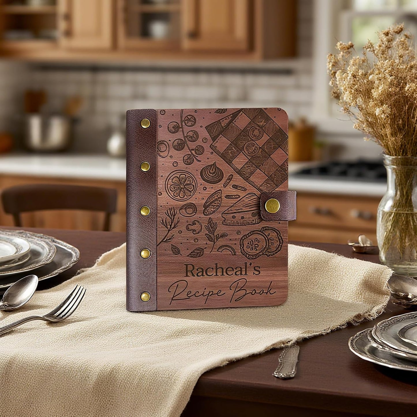 UBJVA Personalized Recipe Book Binder Custom Engraved Recipe Book to Write in Your Own Recipes Wooden Family Cookbook Journal Gift for Christmas Birthday