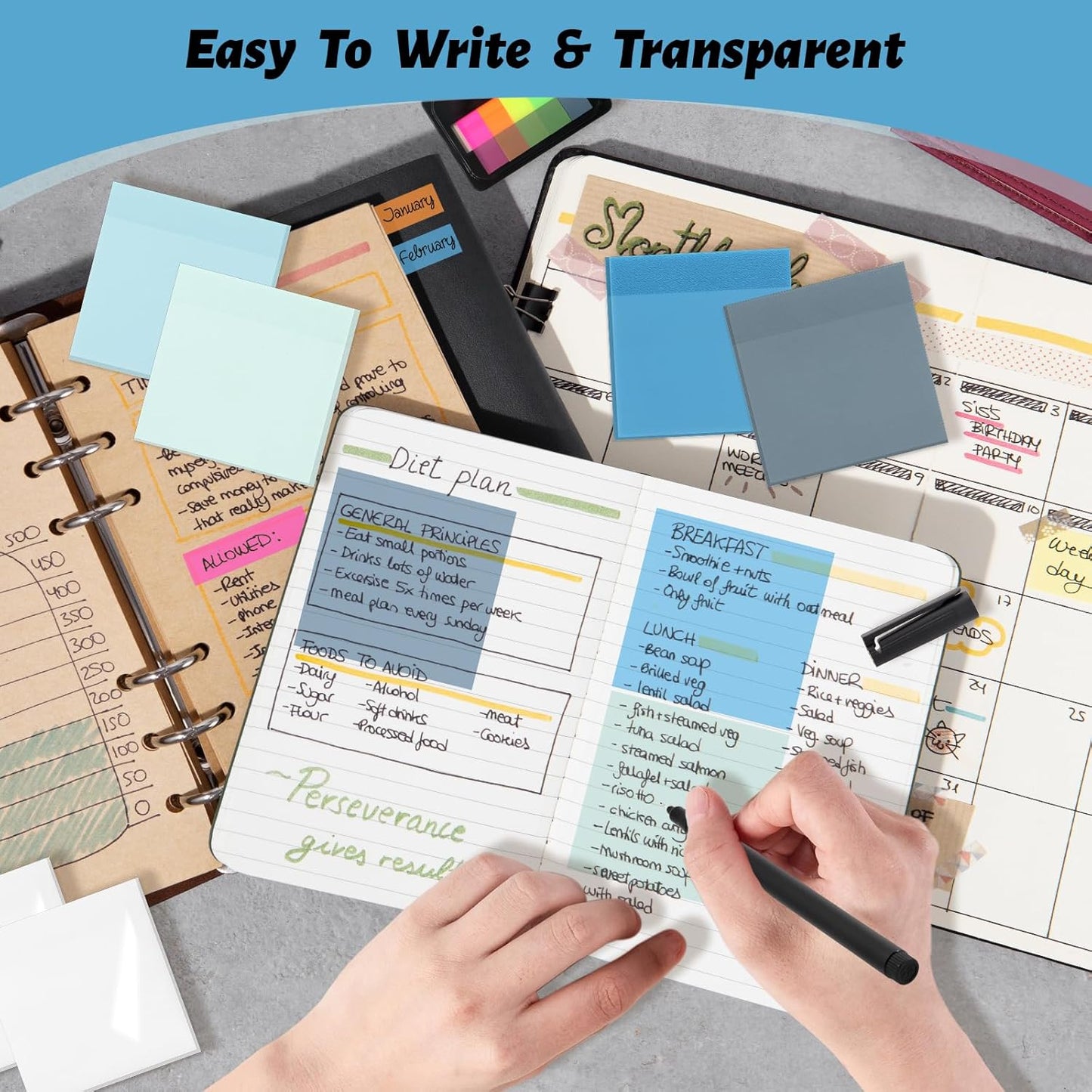 ‎SYMDROMIA Transparent Sticky Notes, 3"x3" Clear Post Translucent Sticky Notes with See Through Self-Adhesive Sticky Pads for Office School College Supplies,800 Sheets Ocean Blue