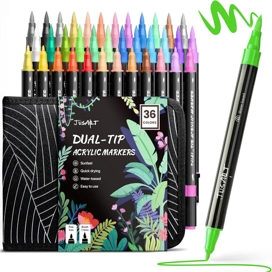 JusArt 36 Colors Acrylic Paint Markers Set With Bag, Dual Tip with Brush Tip and Fine Tip Paint Pens for Rock Painting, Wood, Egg, Canvas, Glass, Stone, Ceramic, DIY Crafts Professional Art Supplies