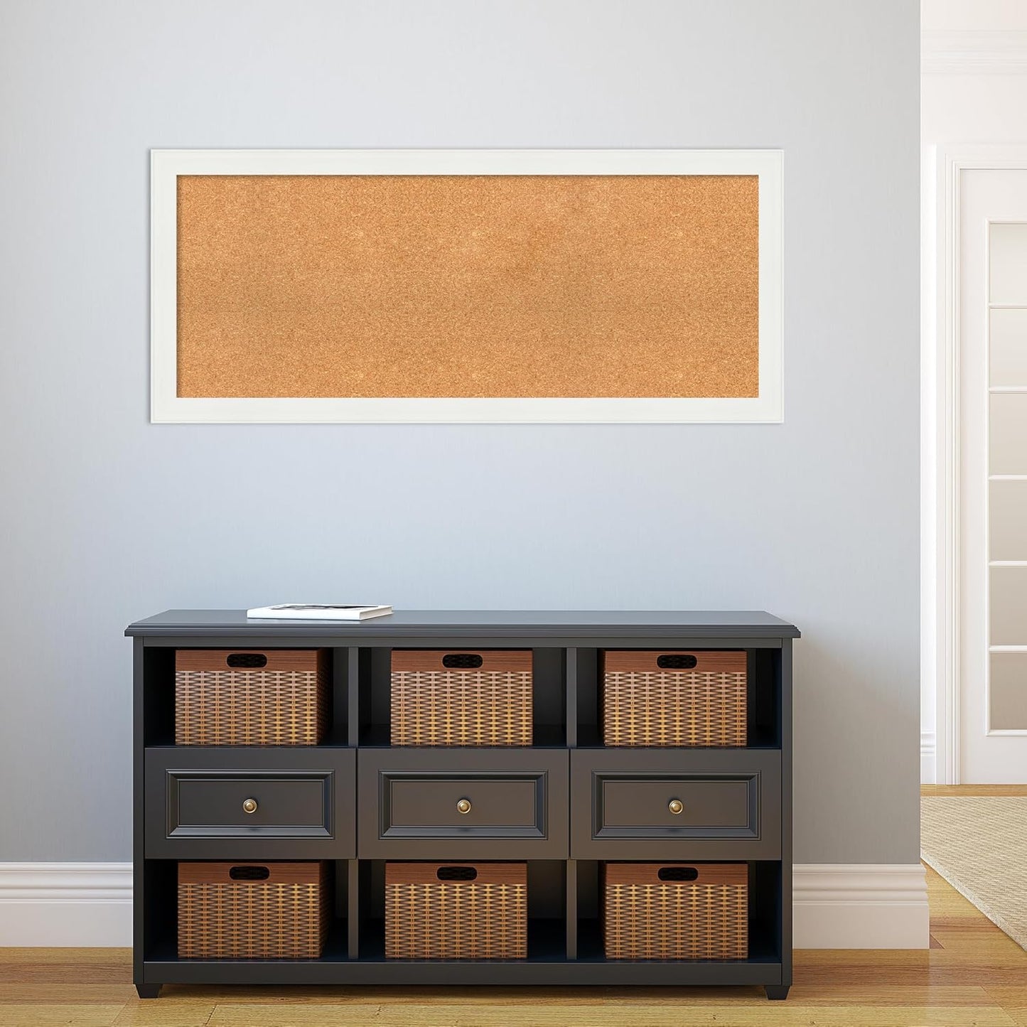 Amanti Art Natural Cork Board for Wall, 21x49 Vision Board with White Frame, Oversize Corkboard Office Decor for Home Organization, Casual Corkboard Pinboard to Display Items for Home Organization in