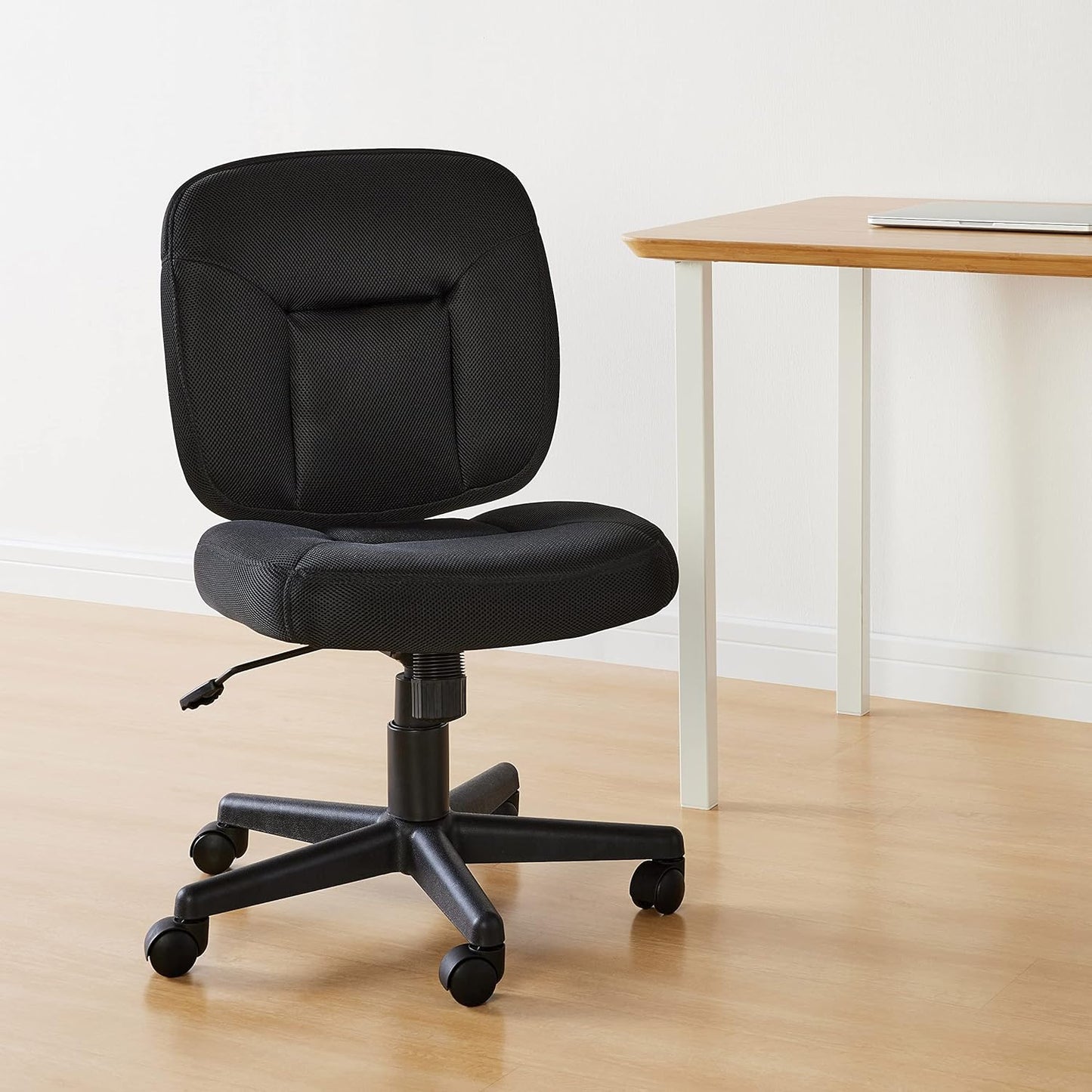 Amazon Basics Low-Back Office Desk Chair, Adjustable Height, 360 Degree Swivel, Fabric Upholstery, Black