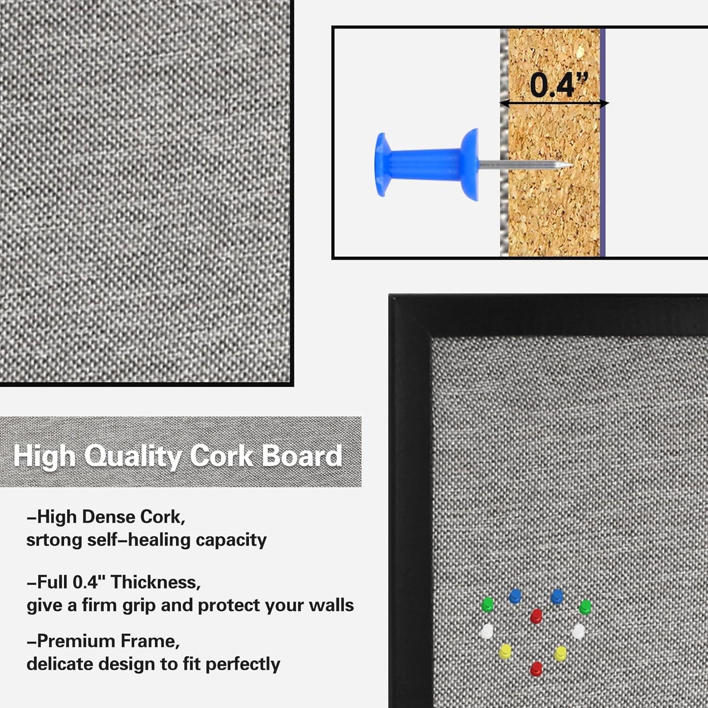 SHANTRA 24 x 18 Inch Bulletin Board with Grey Fabric, Wood Framed Canvas Cork Board, Corkboard for Walls with 10 Pins, Decorative Vision Board, Wall Mounted Notice Board for Home, Office, School