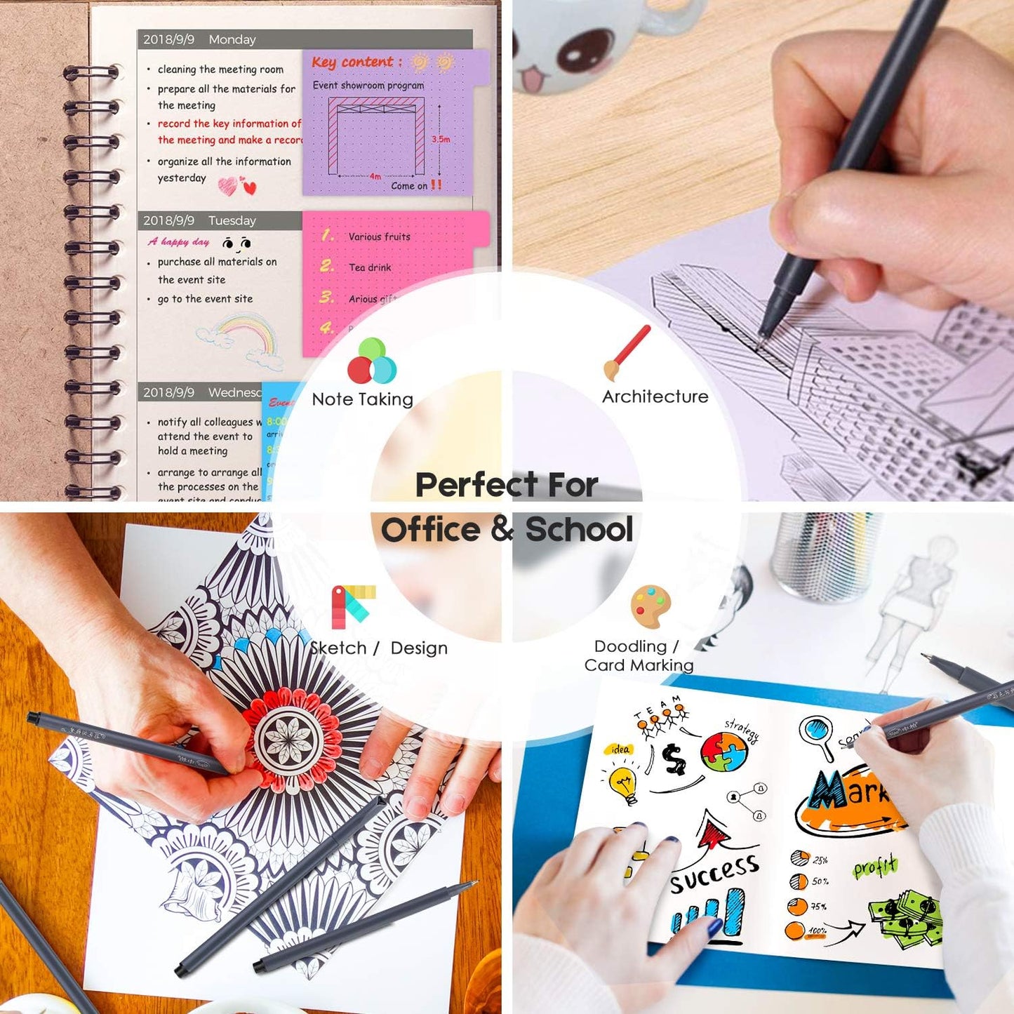 iBayam Journal Pens Fine Point Markers Fine Tip Drawing Pen Porous Fineliner Pens for Journaling Writing Note Taking Calendar Coloring Art Office School Supplies, Mars Black, 18-Pack