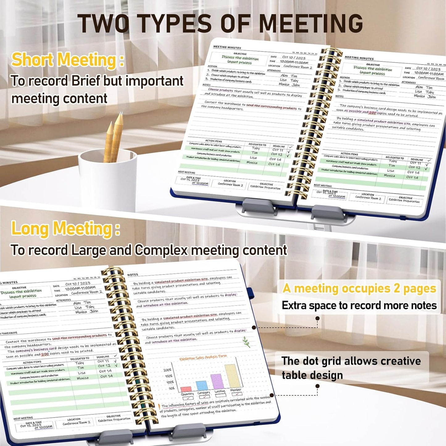 WEMATE Meeting Notebook for Work B5 (7"x10") - PU Leather Work Notebook with Agenda, Action Items & Notes - 200 Pages for Men&Women, Staff and Students, Meeting, Projects Planning - Dark Blue