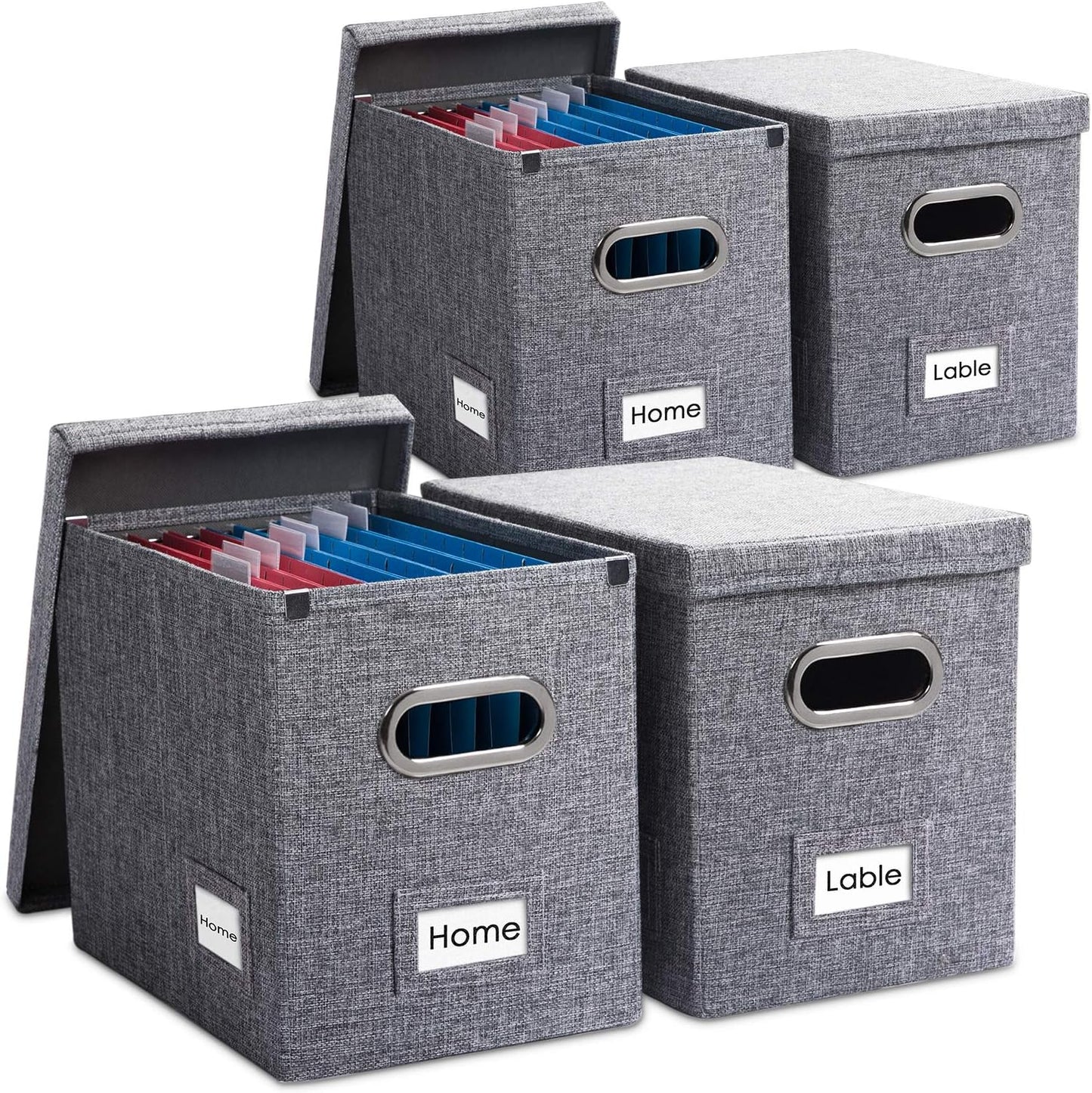 PRANDOM File Organizer Box - Set of 4 Collapsible Decorative Linen Filing Storage Hanging File Folders with Lids Office Cabinet Letter Size Grey (14x9.3x10.8 inch)