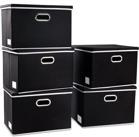 PRANDOM Foldable Storage Bin with Lid [5-Pack] Linen Fabric Decorative Storage Box Organizer Container Basket Cube with Handles Divider for Closet Office Living Room Black(14.9x9.8x9.8)