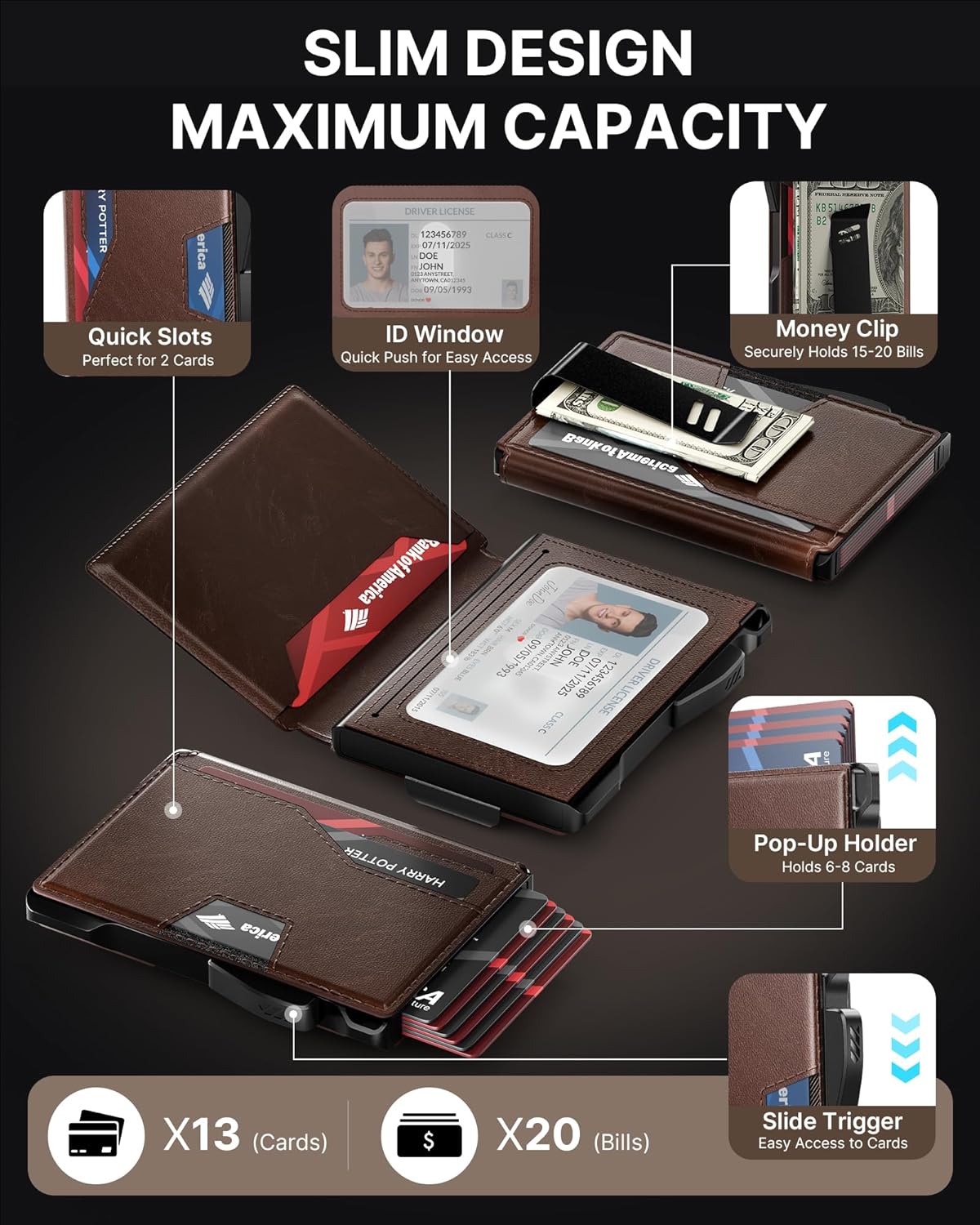 typecase Pop Up Wallet: Slim Wallet with Money Clip, Rfid-blocking, Minimalist, Small, Thin, Compact Card Case, Magnetic Bifold, Front Pocket Wallet, 9-13 Card Capacity, Mens Gifts Wallet - Brown