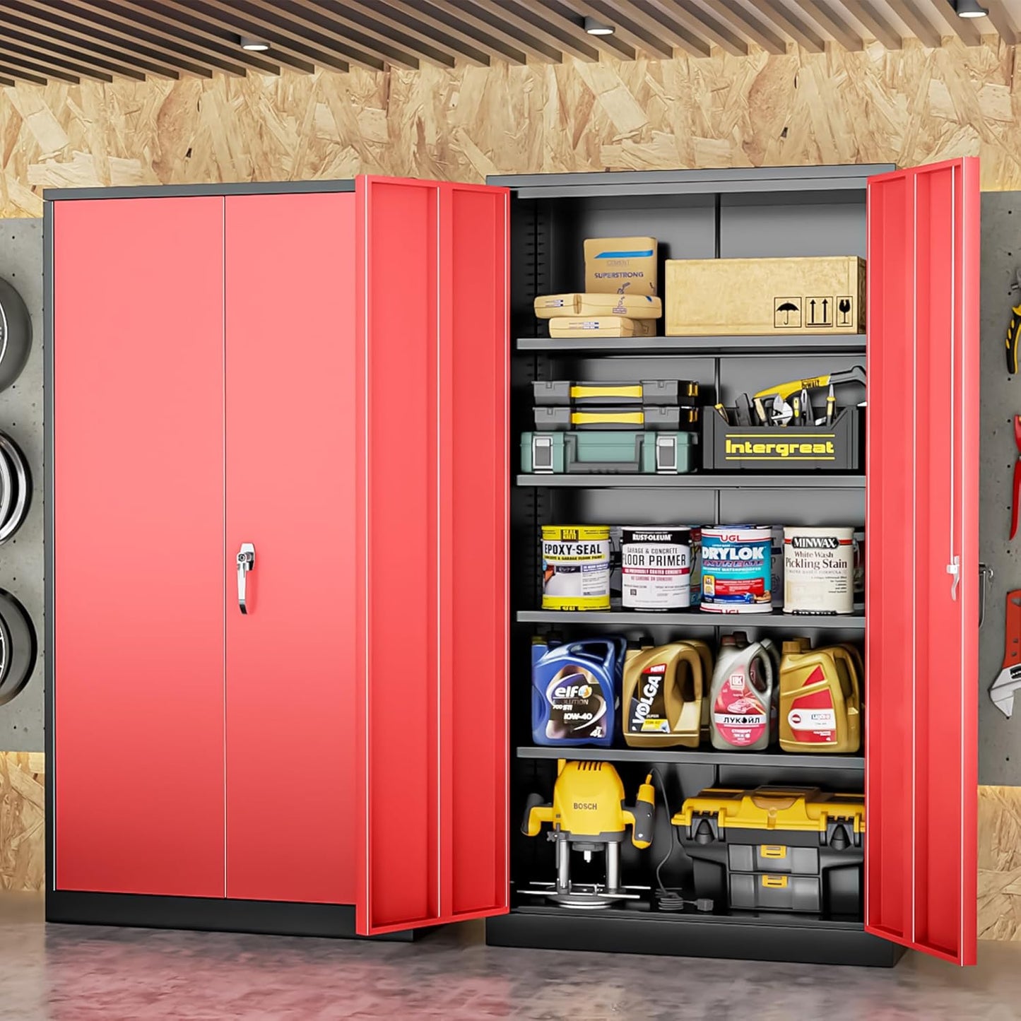 INTERGREAT Garage Storage Cabinet with Lockable Door, 72" H Metal Locking Cabinets with 4 Adjustable Shelves,Black Red Steel Cabinets Storage for Home Office, Warehouse，School