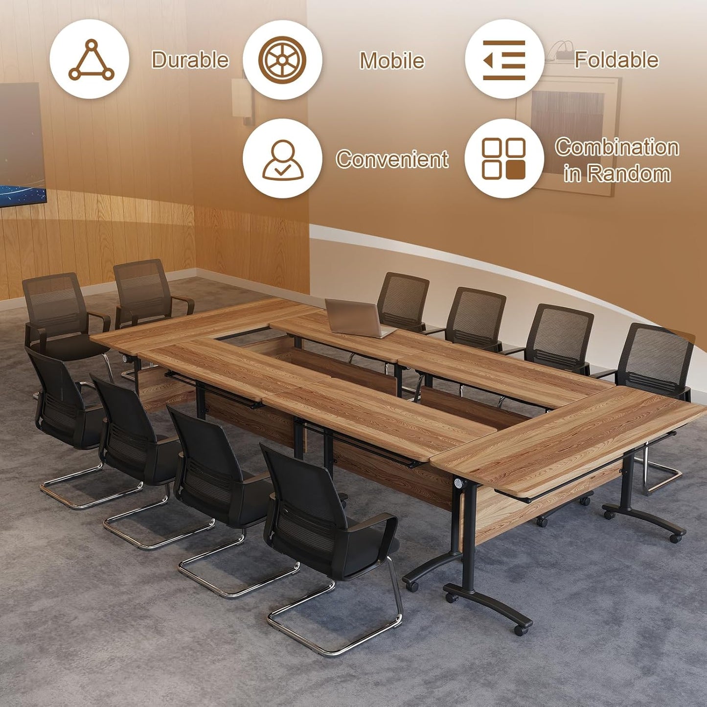 Folding Conference Room Table, Modern Conference Tables with Silent Wheels, Large Rectangular Mobile Training Tables for Office Classroom, Foldable Modular Boardroom Seminar Table (4pack L63in)