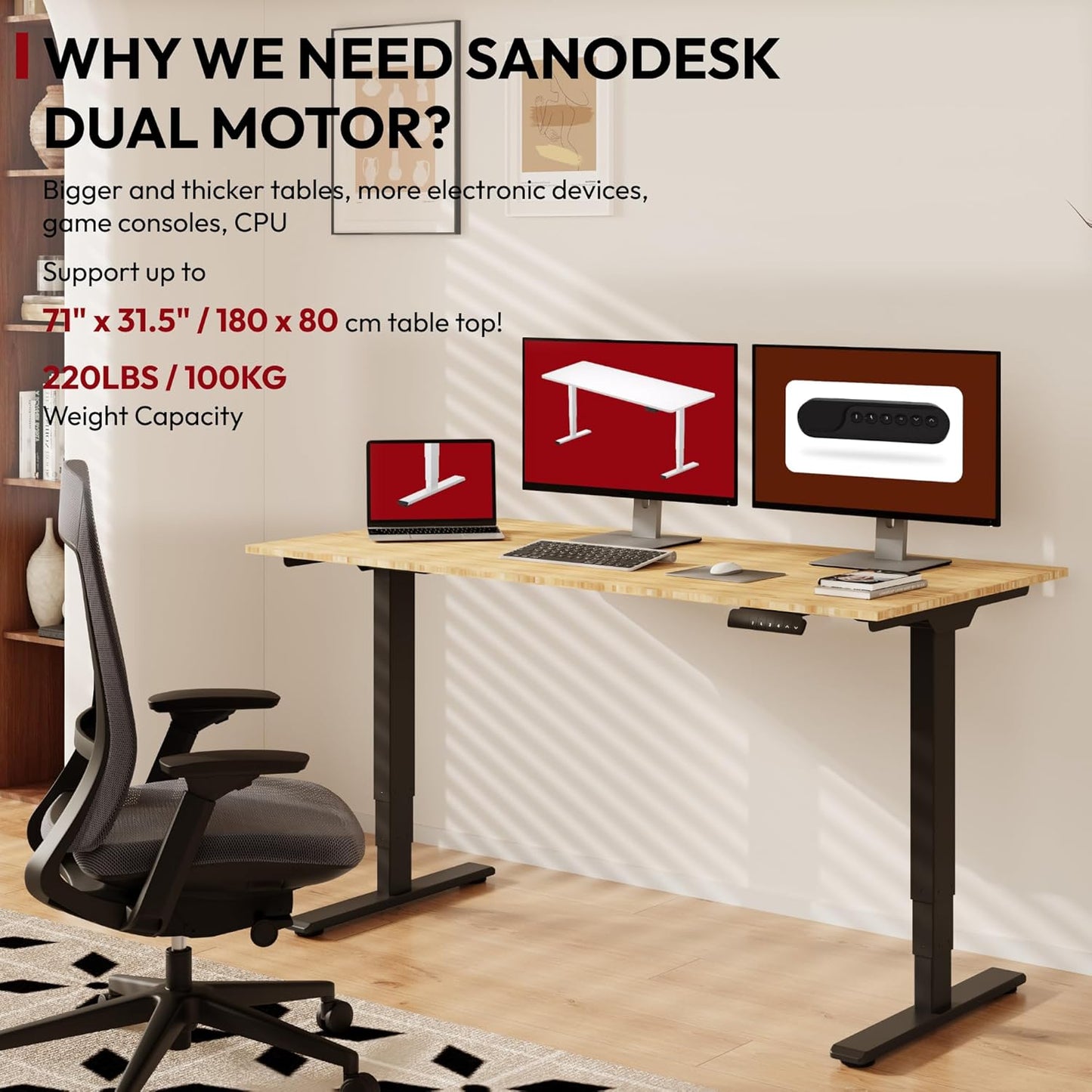 Standing Desk with Dual Motor, 3-Stage Lifting Column, Handset with 3 Preset and Sit-Stand Reminder - 60 inch Whole Piece Real Bamboo/Black Frame, Height Adjustable Desk for Home and Office