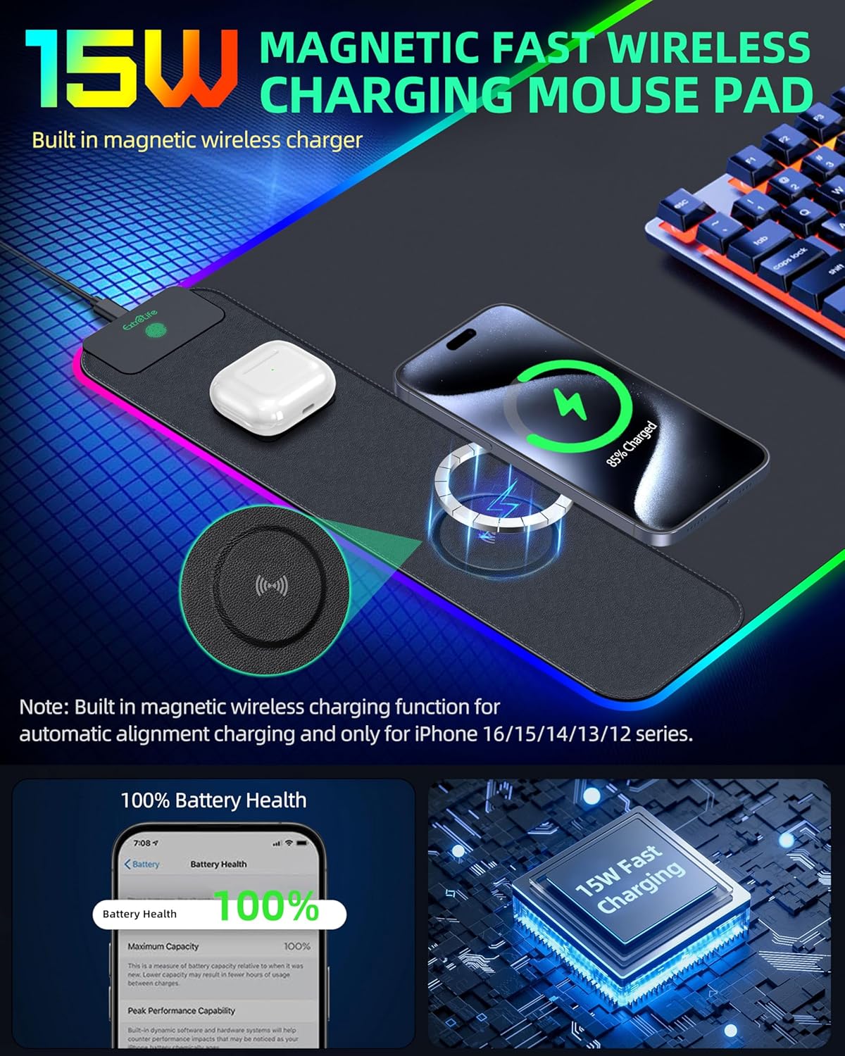 Upgraded Mouse Pad with Wireless Charging, RGB Gaming Desk Mat, 31.5"x15.7" Large XXL Desk Pad, 15 Light Modes, Ultra-Smooth Surface, Non-Slip Mouse Mat, Waterproof Computer Keyboard Pad, Black