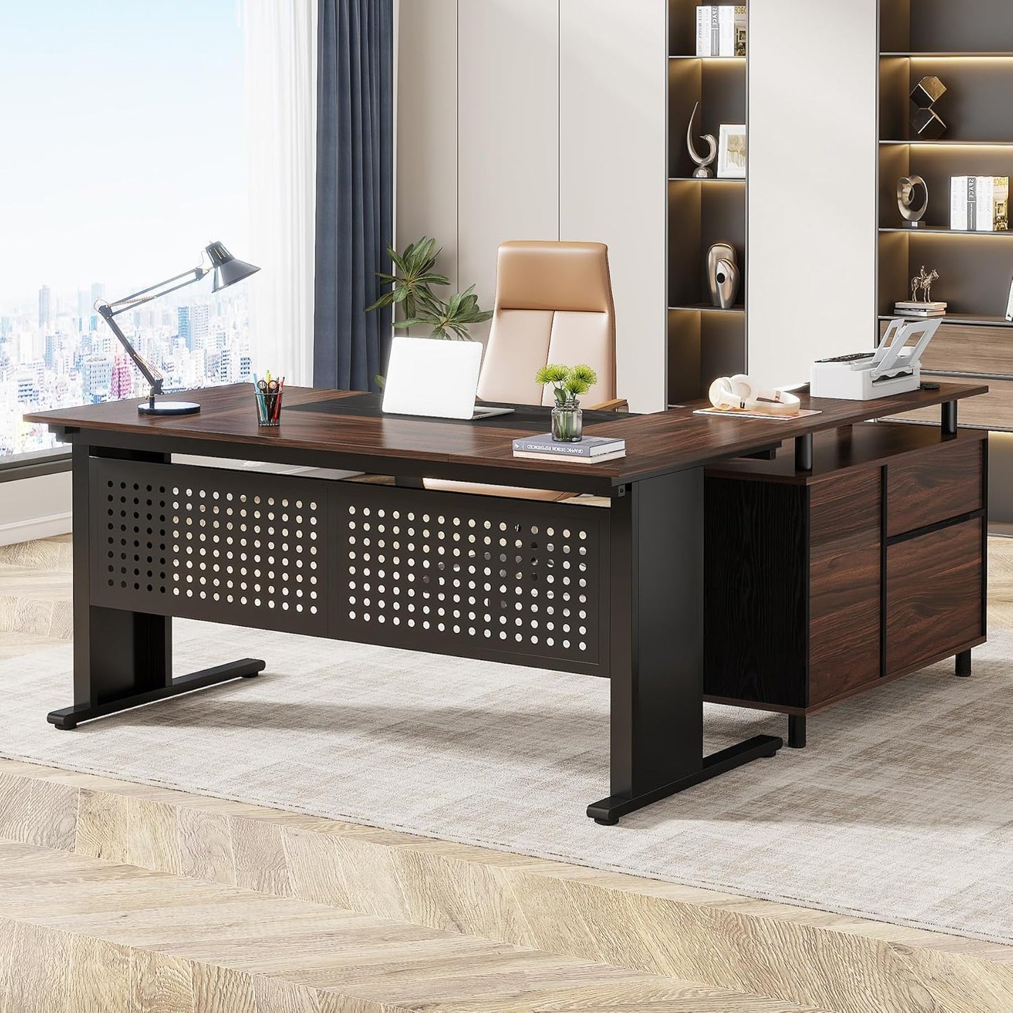 Tribesigns 63 Inch Executive Desk with File Cabinet, Large Office Desk L Shaped Computer Desk with Drawers and Storage Shelves, Business Furniture Desk for Home Office, Dark Walnut and Black