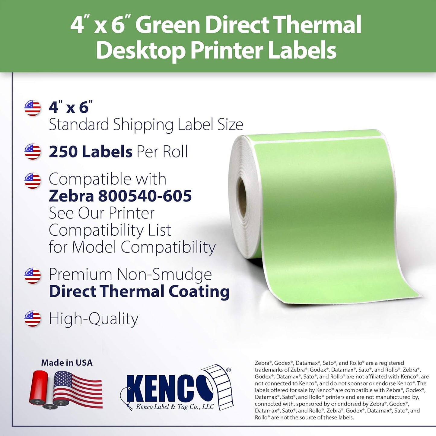 4" X 6" Direct Thermal Perforated Stickers Labels for Shipping Labels, Inventory, and Color Coding - Compatible with Zebra, Rollo, Godex and More (Green, 12 Rolls)