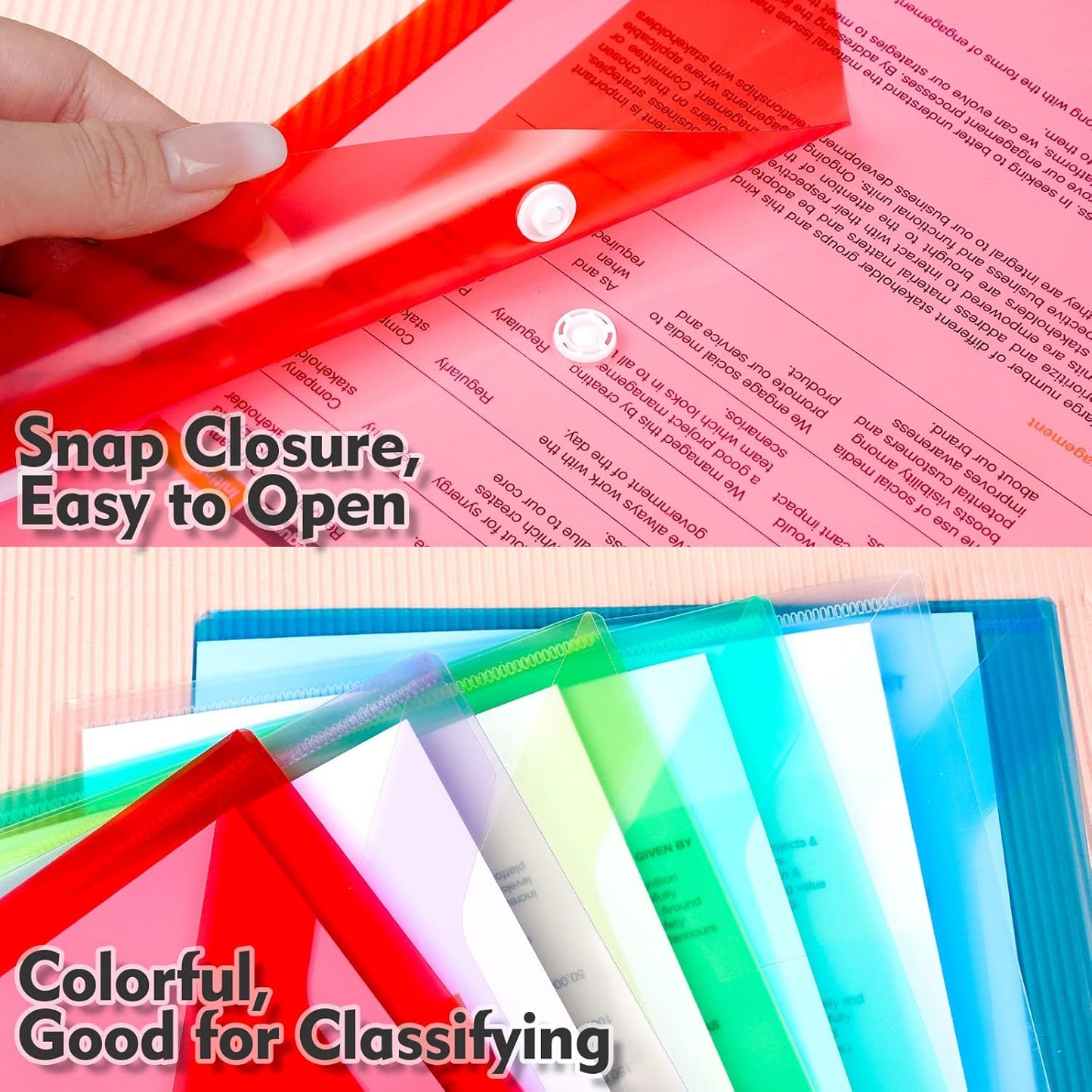 LEOBRO File Folders, 24 PCS Plastic Folders for Documents, A4 Plastic Envelopes with Snap Closure, Letter Size Clear Envelopes Folders, Reusable File Bags, Document Holder