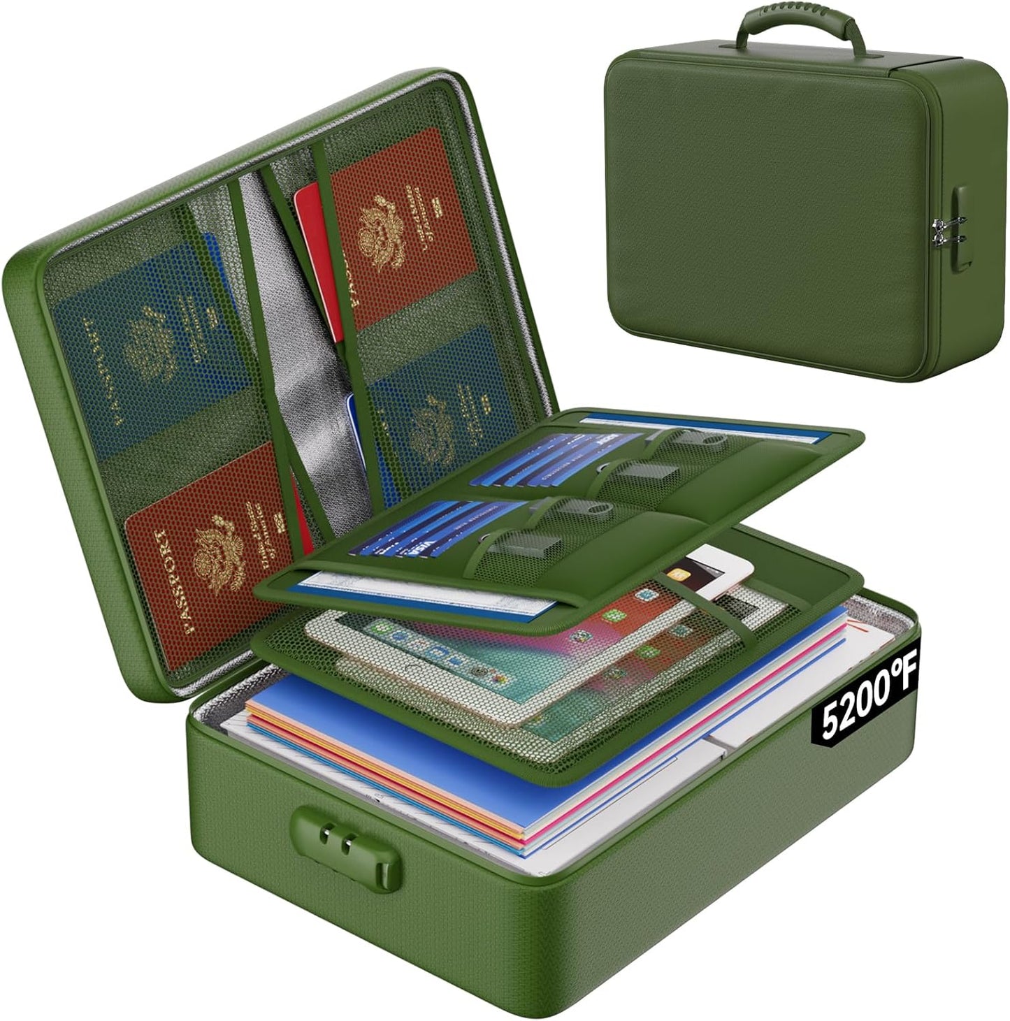 ENGPOW 5200°F Fireproof Document Bag with Lock, Upgraded Heat Insulated Fireproof＆Waterproof Box 8 Layers Document Organizer, Portable Home Travel Safe Storage Box for Important Files, Laptop,Green