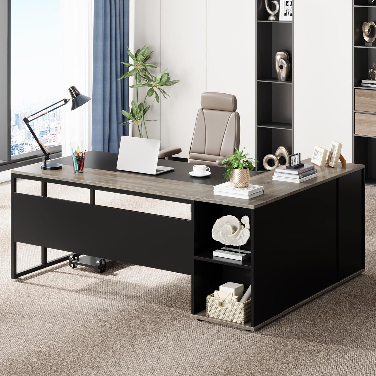 Tribesigns 71 inch Executive Desk, L Shaped Desk with Cabinet Storage, Executive Office Table with Shelves, Business Furniture Set Workstation for Home Office, Gray