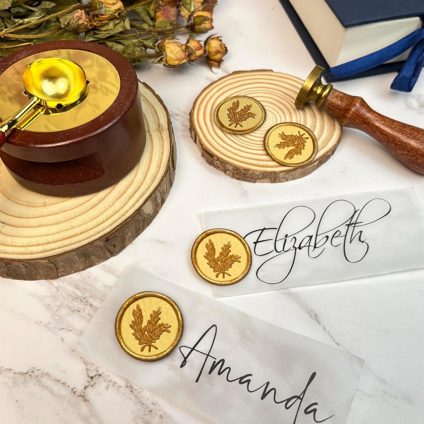50Pcs Wax Seal Stickers Handmade Envelope Seals Self Adhesive Wax Stickers for Wedding Party Invitations, Envelope, Gift Wrap, Christmas(Rosemary Style, Gold)