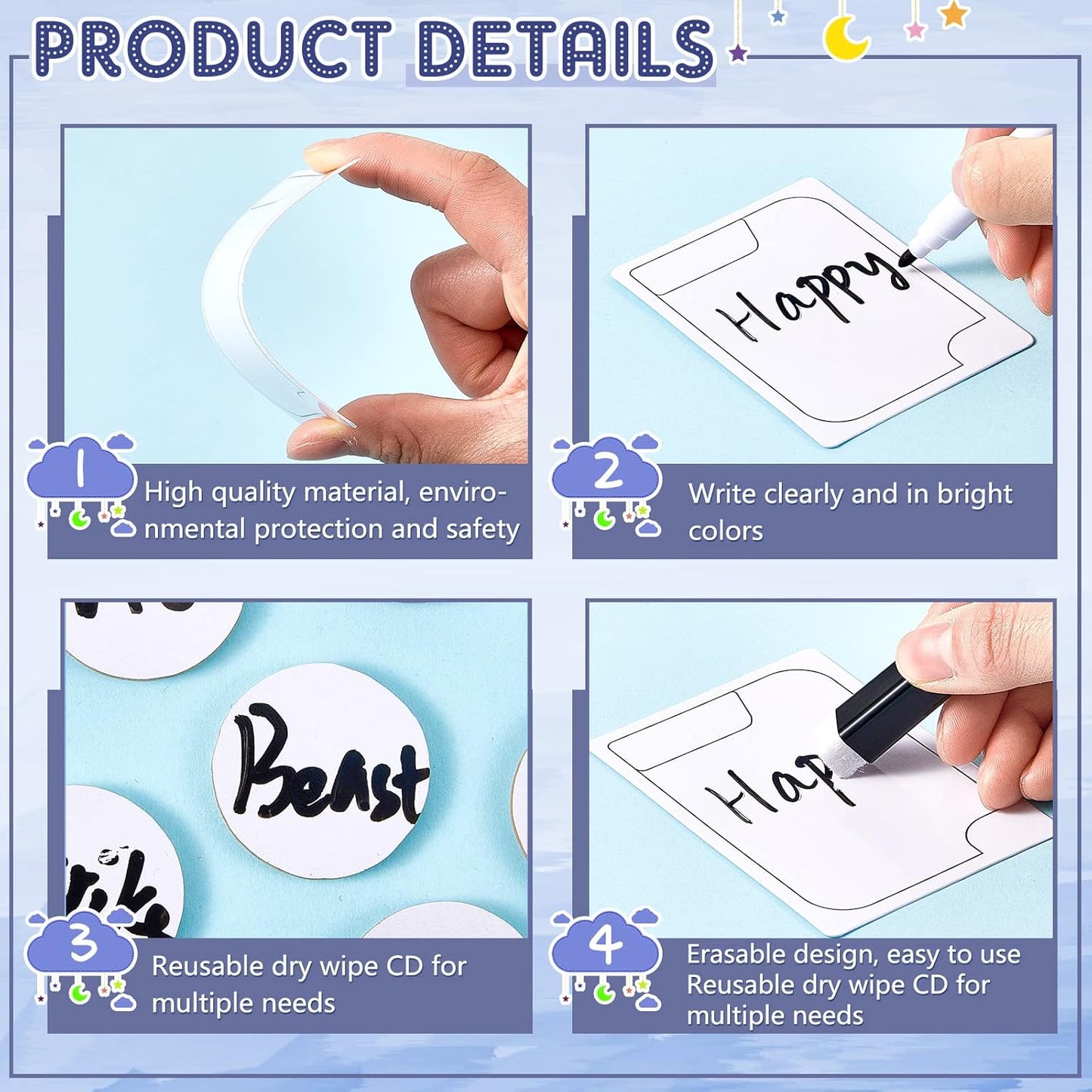 Teling 24 Pcs Reusable Multifunctional Tokens Dry Erase Cards White Blank Flash Erasable Index Cards, 24 White Erasable Plastic Counters Gaming Tokens Discs and 5 Marker Pens for Game