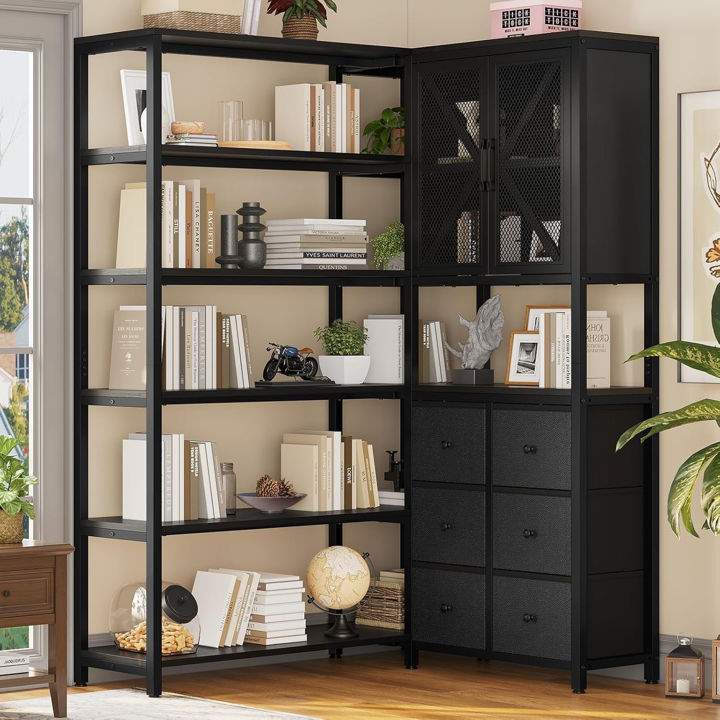 Corner Bookshelf, 6 Tier Industrial Convertible Bookshelf with 6 Fabric Drawers, Corner Bookcase Large L Shaped Storage Display Shelf for Home Office, Living Room, Kitchen, Black