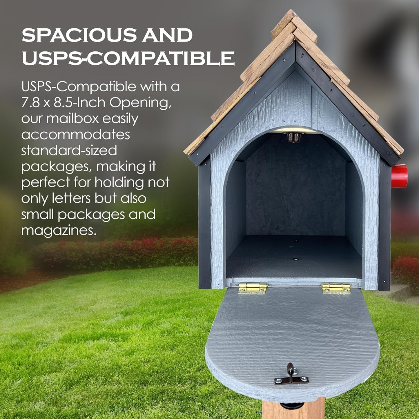 Peaceful Classics Amish Cedar Roof Wooden Mailbox with Window & Door Trim, Handcrafted Mailboxes for Outside, Post Mount Residential Mailboxes - (Gray & White, Wood)