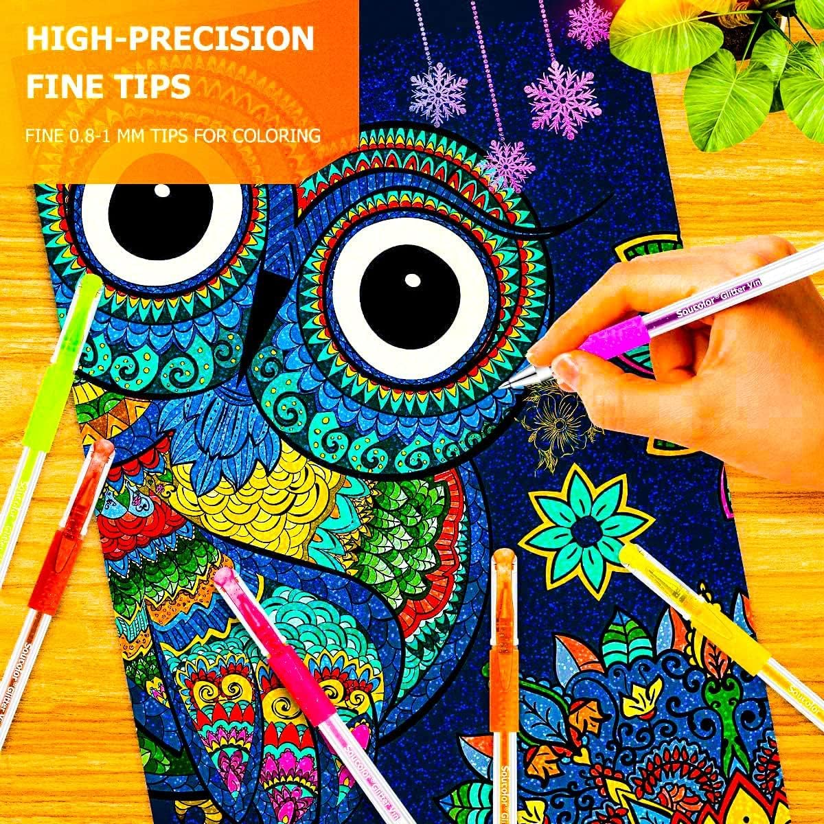 Soucolor Glitter Gel Pens for Adult Coloring Books, 120 Pack-60 Glitter Pens, 60 Refills and Travel Case, Nurse Aesthetic Cute Pens, School Office Home Supplies, Gifts for Women and Men