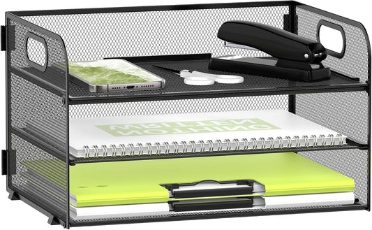 Daltack 3-Tier Paper Organizer with Handle, Mesh Desk Organizer Letter Tray, Paper Tray Organizer File Organizer for A4 File Folder, Black