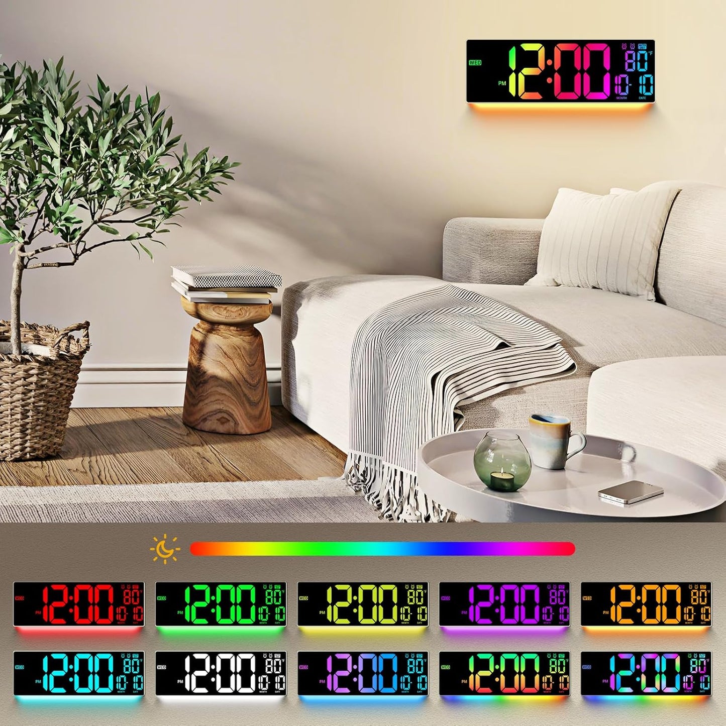 16.5" Large Digital Wall Clock: 11 RGB Colors Wall Mount Decor Clock for Living Room Bedroom Office Classroom, House Warming Gifts New Home Decor, Birthday Gifts for Men Women Khaki