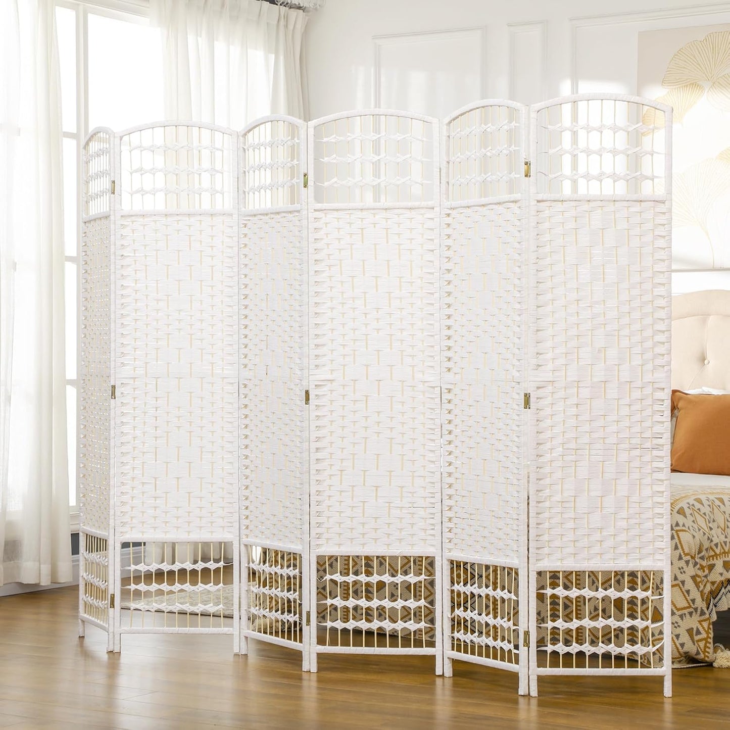 HOMCOM 6 Panel Room Divider, Folding Privacy Screen, 5.6' Room Separator, Wave Fiber Freestanding Partition Wall Divider, White