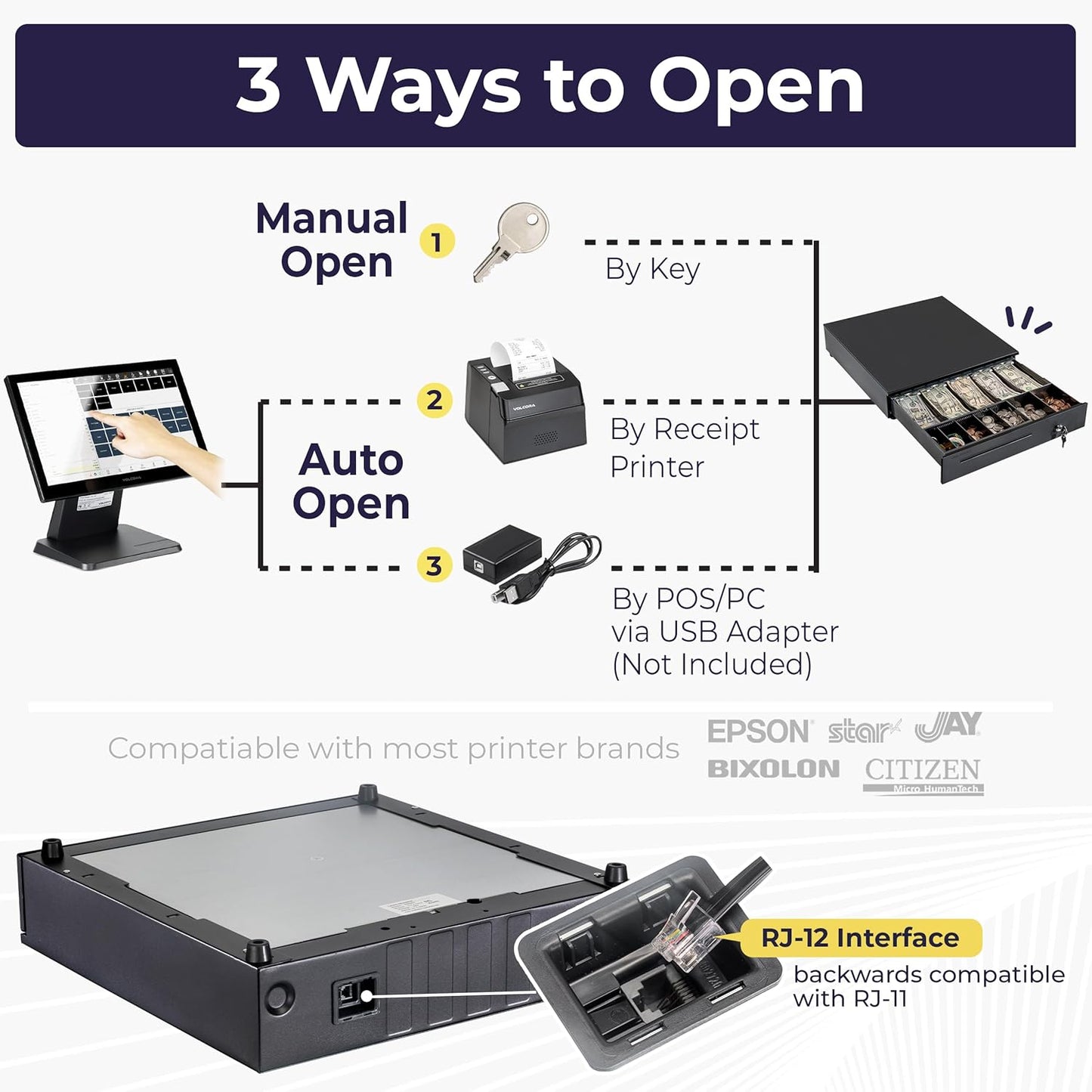 Volcora Cash Register Drawer for Point of Sale (POS) System, 5 Bill/7 Coin, 16" with Adjustable Coin Slots, 24V, RJ11/RJ12 Key-Lock, Media Slot, Black