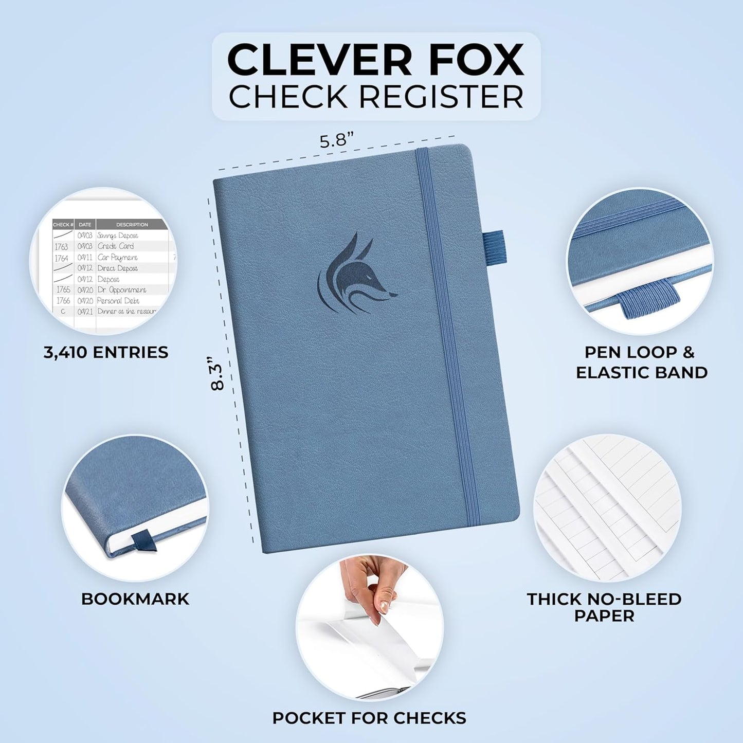 Clever Fox Check Register Book - Deluxe Transaction Register, Accounting Ledger Book, Checkbook Register & Checking Account Register Book for Personal and Work Use, A5 Hardcover - Smoke Blue