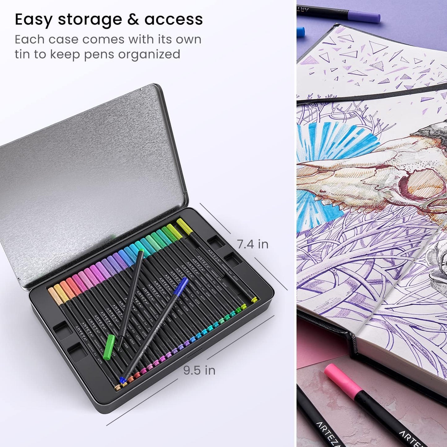 ARTEZA Inkonic Fineliners Pens, Set of 72, 0.4 mm Fine Tip Markers, Water-Based Art Pens for Drawing, Sketching, Journaling, Calligraphy
