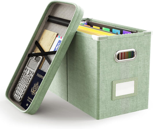 Oterri File Organizer Box with Lid, Hanging Filing File Box with Mesh Pocket, Document Organizer Box for Letter Files, Portable Storage Box(1 PCS, Green)