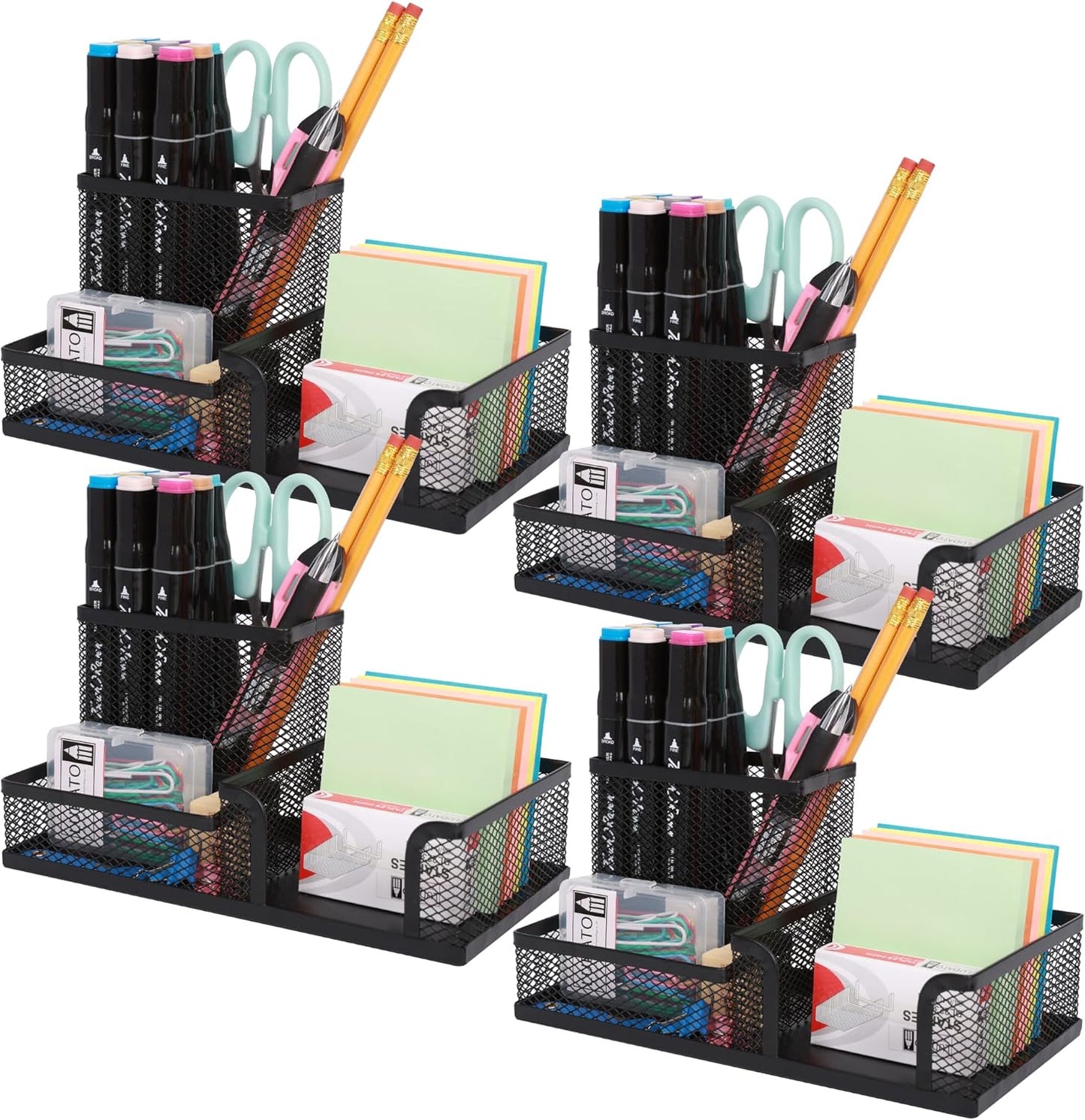 Ludato 4 Pieces 3 Compartments Mesh Pen Holder Desk Organizers Caddy and Accessories for Desk,Black Pencil Holder,Sticky Notes Holder for Home,Office and School