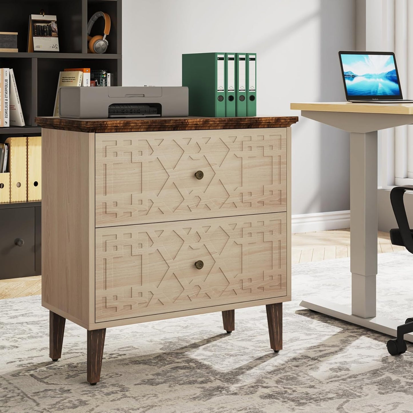 LITTLE TREE 2-Drawer File Cabinet, Wood Lateral Filing Cabinet for Home Office, Beige