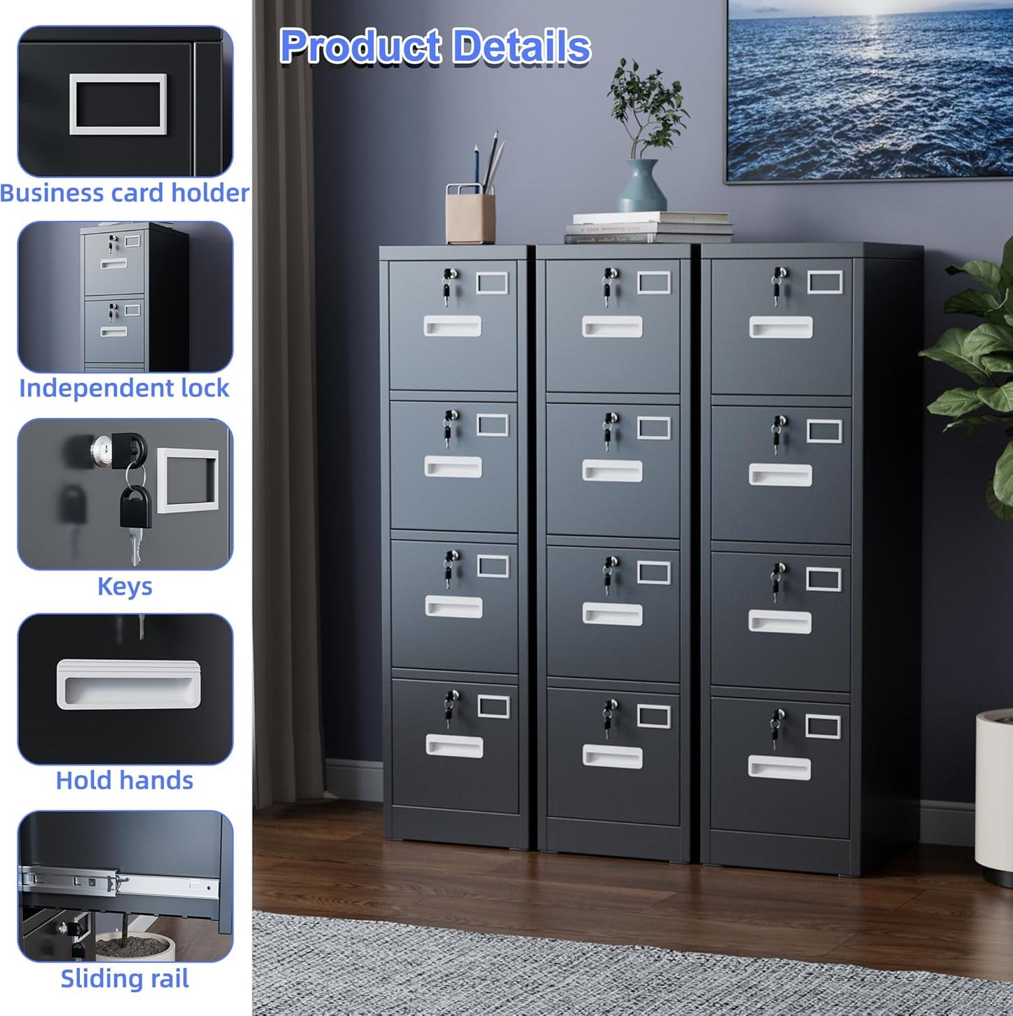 4 Drawer File Cabinet, Metal Vertical Filing Cabinet with 4 Lock,Office Home File Cabinet with Name Card Holder for A4 Letter/Legal Size, 14.96" W x 17.72" D x 55.2" H, Assembly Required(Black)