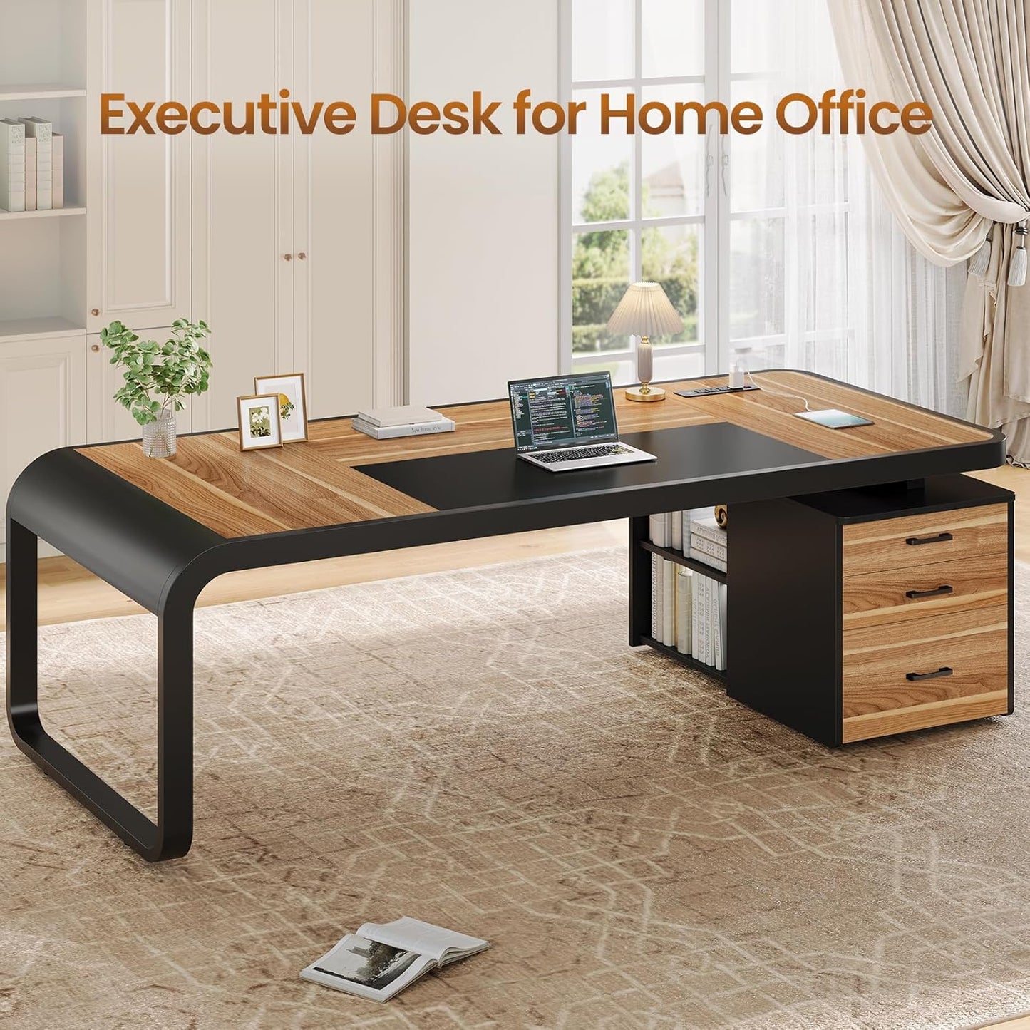 Itaar 70.9" Executive Desk, Large Computer Desk with Drawers and Lateral File Cabinet, Office Desk with Removable Shelves, Business Furniture Desk Workstation for Home Office, Light Walnut