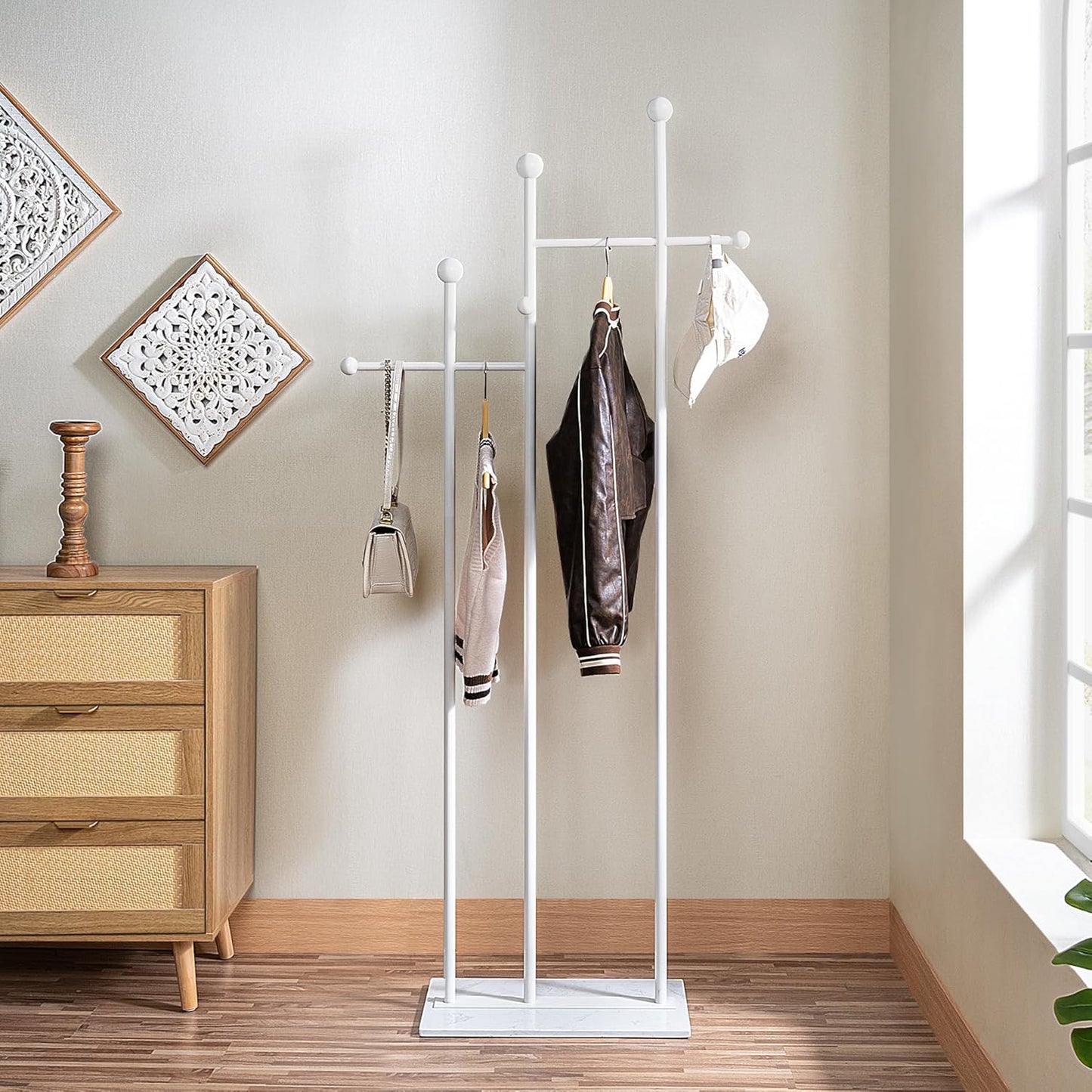 Freestanding Coat Rack with Marble Base Heavy Duty Clothes Rack Metal Coat Tree Stand Hat Rack for Corner Bedroom Entryway Living Room Hotel 19.69 x 11.02 x 68.9 Inches (White)
