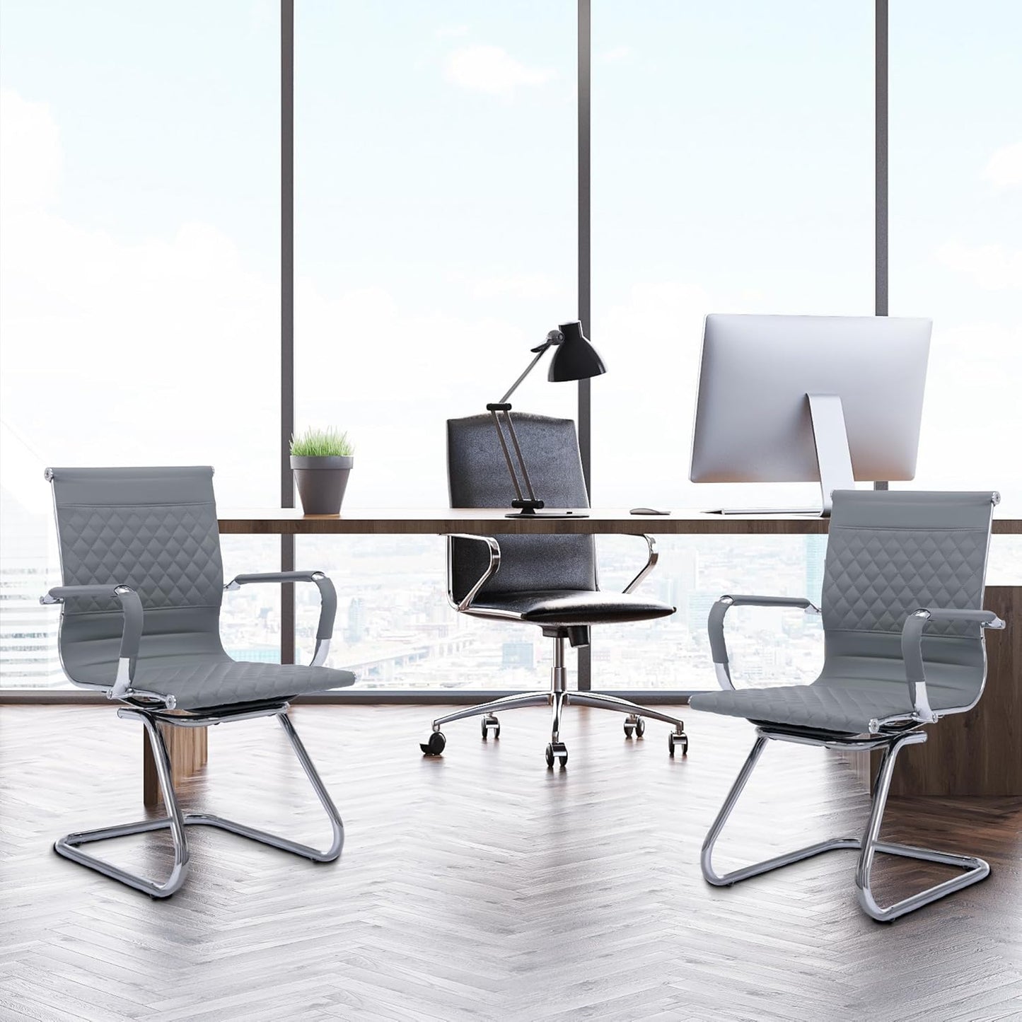 Office Guest Chairs - Set of 2 Modern PU Leather Desk Chairs with Mid Back, Grey