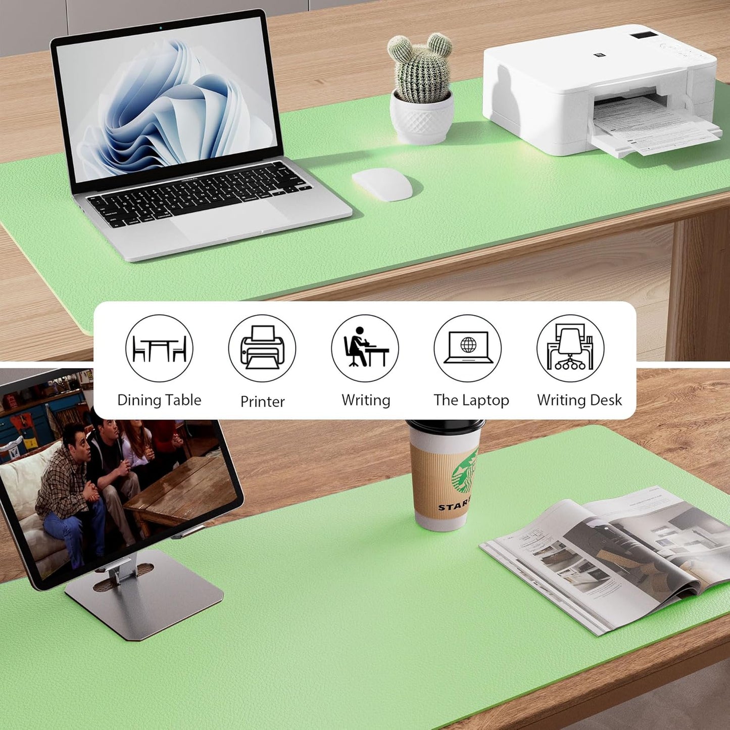 Aothia Leather Desk Pad Protector, Mouse Pad, Office Desk Mat, Non-Slip PU Leather Desk Blotter, Laptop Desk Pad, Waterproof Desk Writing Pad for Office and Home (36" x 17", Foam Green)