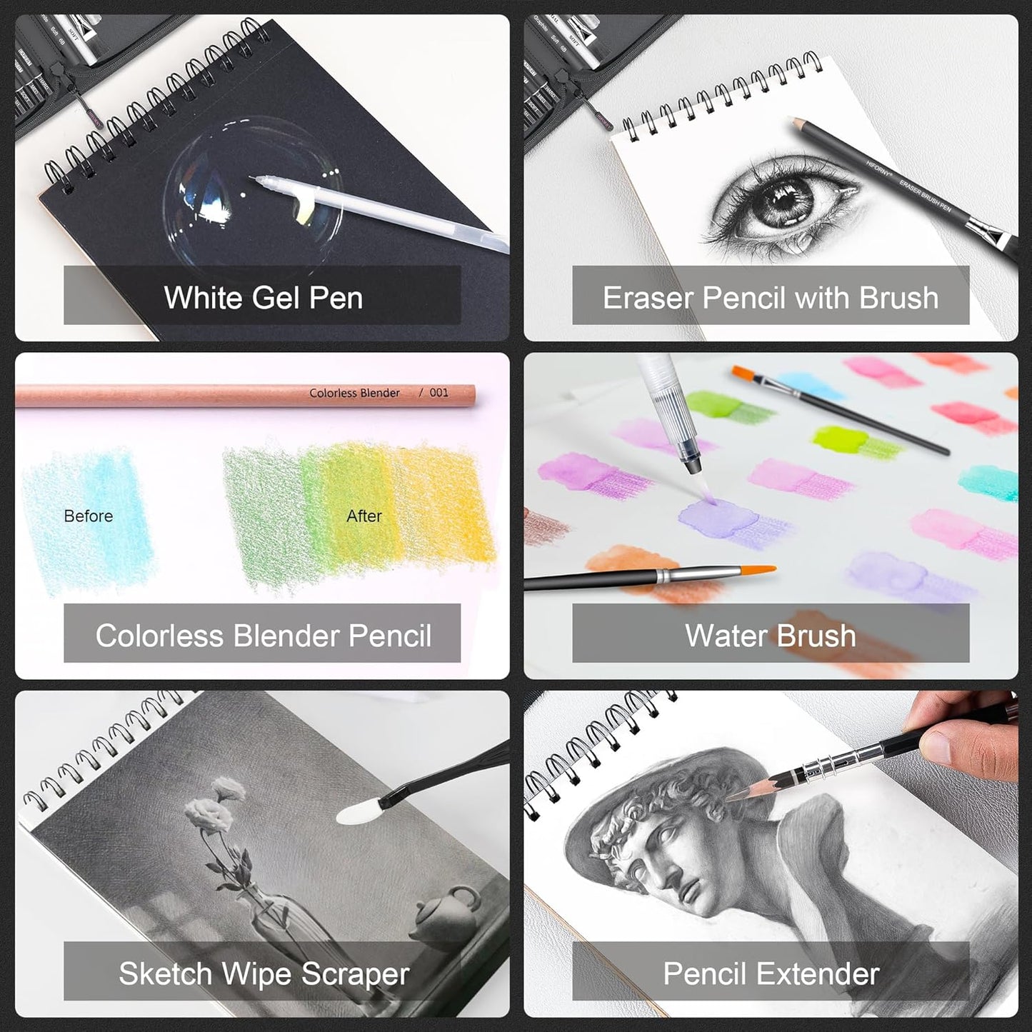 HIFORNY 136 PCS Drawing & Sketching Set,Pro Art Supplies with Graphite,Charcoal,Colored,Watercolor,Metallic Pencils,Blending Tools,Sketchbook,Watercolor Book and Coloring Book in Zipper Case (Grey)