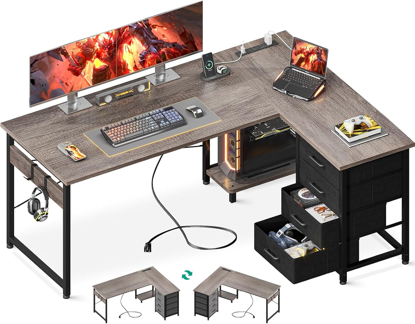 Casaottima L Shaped Desk with 4 Tier Drawers, 53" Gaming Desk with Power Outlets & USB, Reversible L-shaped Computer Desk with CPU Stand, Home Office Corner Table with Storage, Easy Assemble, Grey Oak