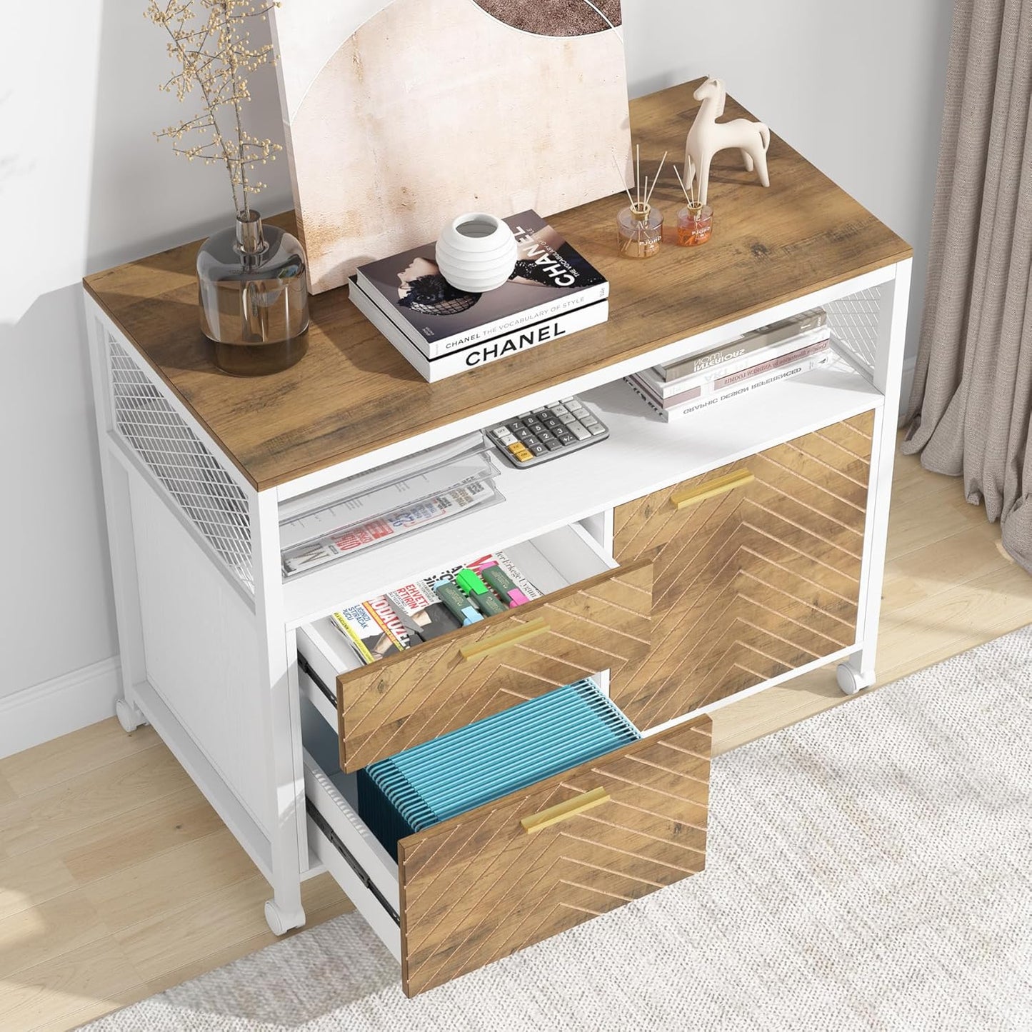 Tribesigns Modern File Cabinet with Drawers for Letter-Sized File and Door, lateral Filing Cabinet Printer Stand with Storage Shelves and with Rolling Caster for Home Office