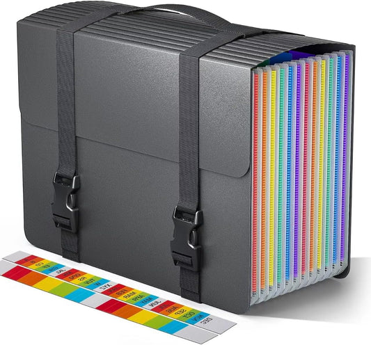 Accordion File Organizer,Expanding File Folders with Handle,12 Pockets Accordian Document Organizer Expandable Filing Box,Portable File Box for Paper Receipt Bill,A4/Letter Size,2 Tabs,Frosted