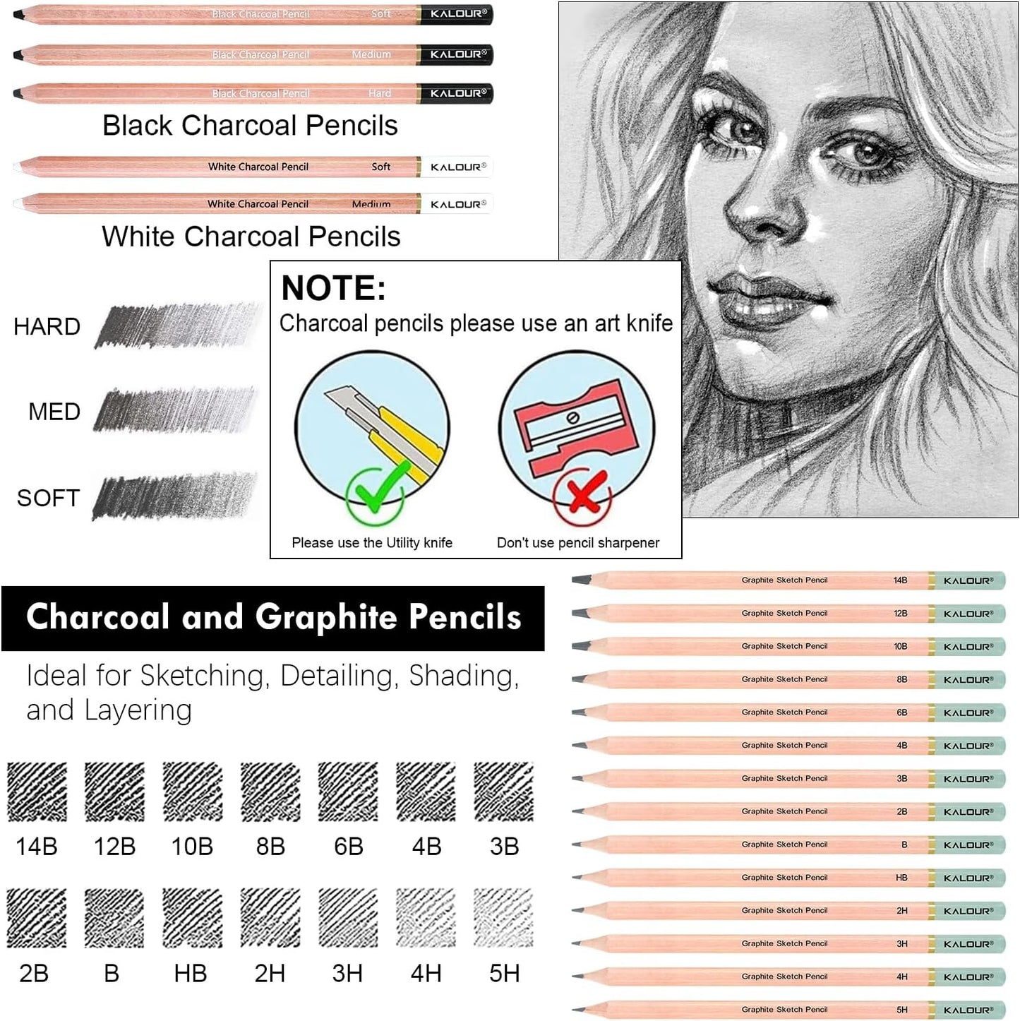 KALOUR PDAS 39pcs Drawing Pencil Set, Professional Sketch Pencils (5H-14B), Black and White Charcoal Pencils for Sketching, Eraser Brush Pen, Charcoal Sticks, Art Pencils Set for Artists & Beginners